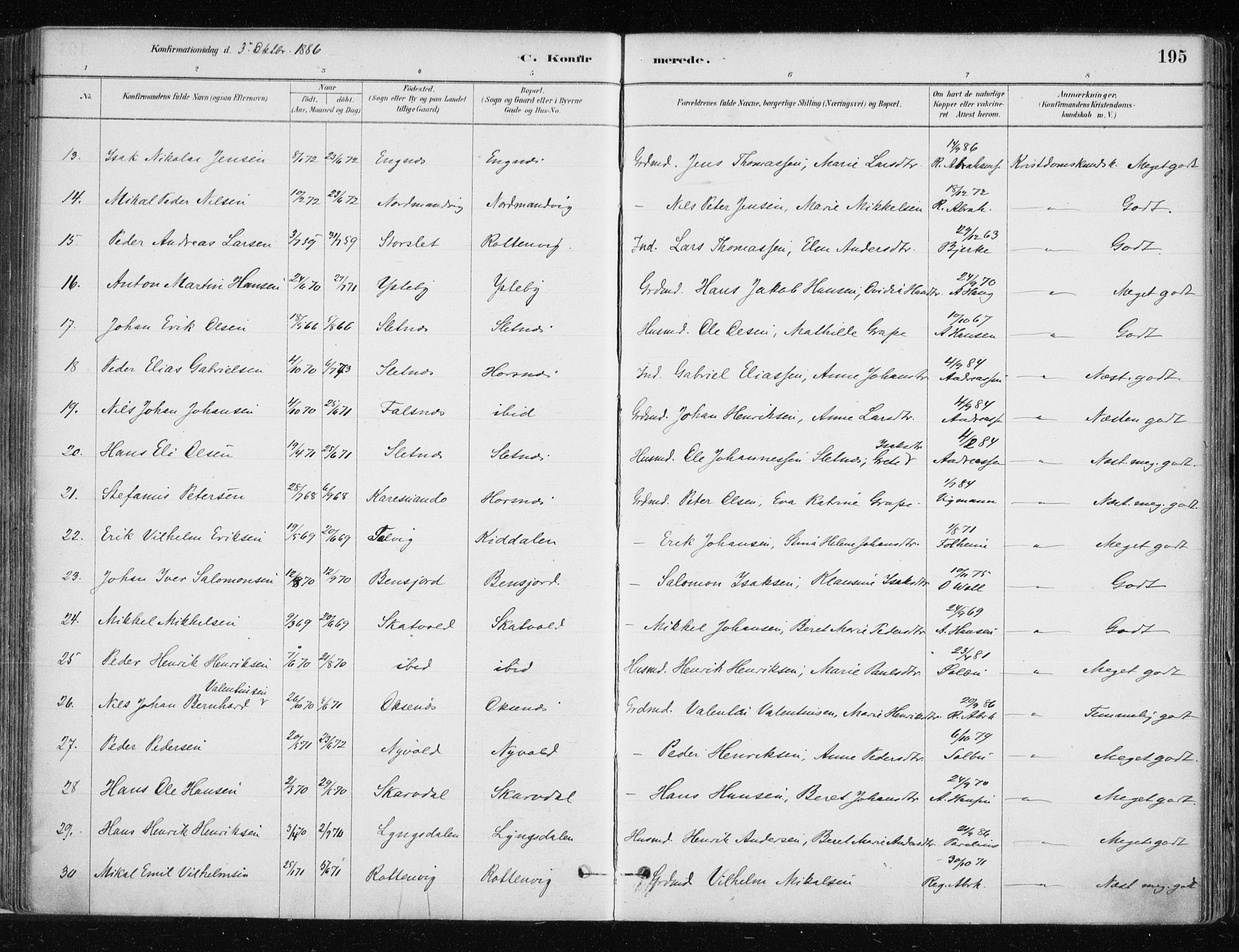 Lyngen sokneprestembete, SATØ/S-1289/H/He/Hea/L0007kirke: Parish register (official) no. 7, 1879-1890, p. 195