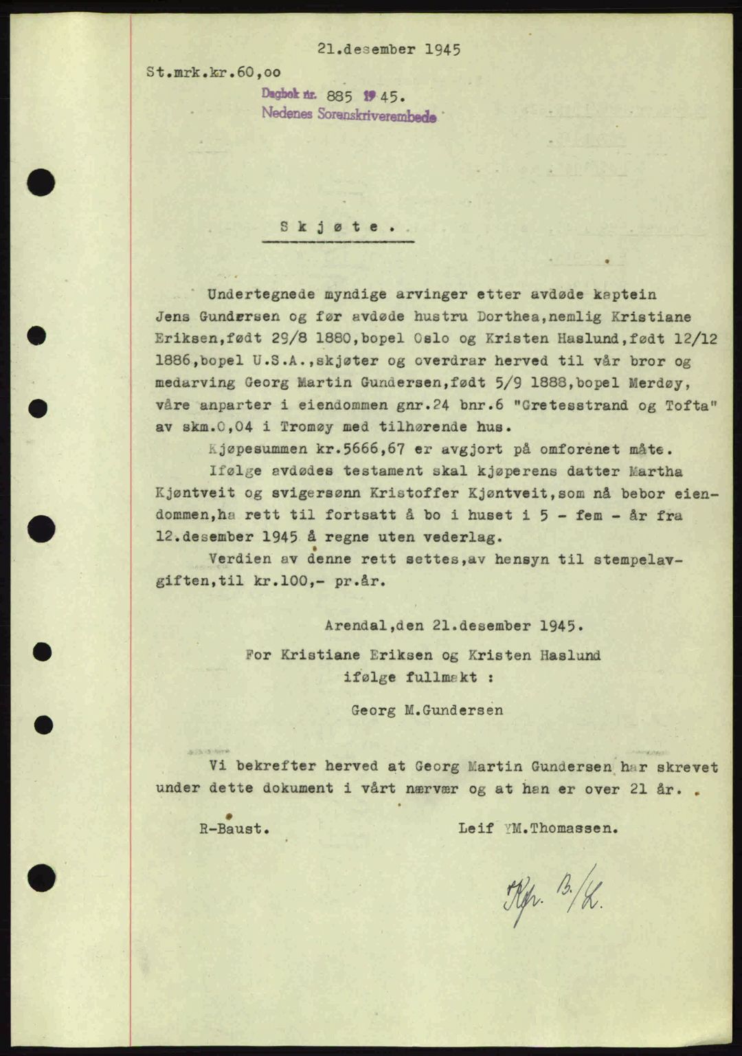 Nedenes sorenskriveri, SAK/1221-0006/G/Gb/Gba/L0053: Mortgage book no. A6b, 1945-1945, Diary no: : 885/1945