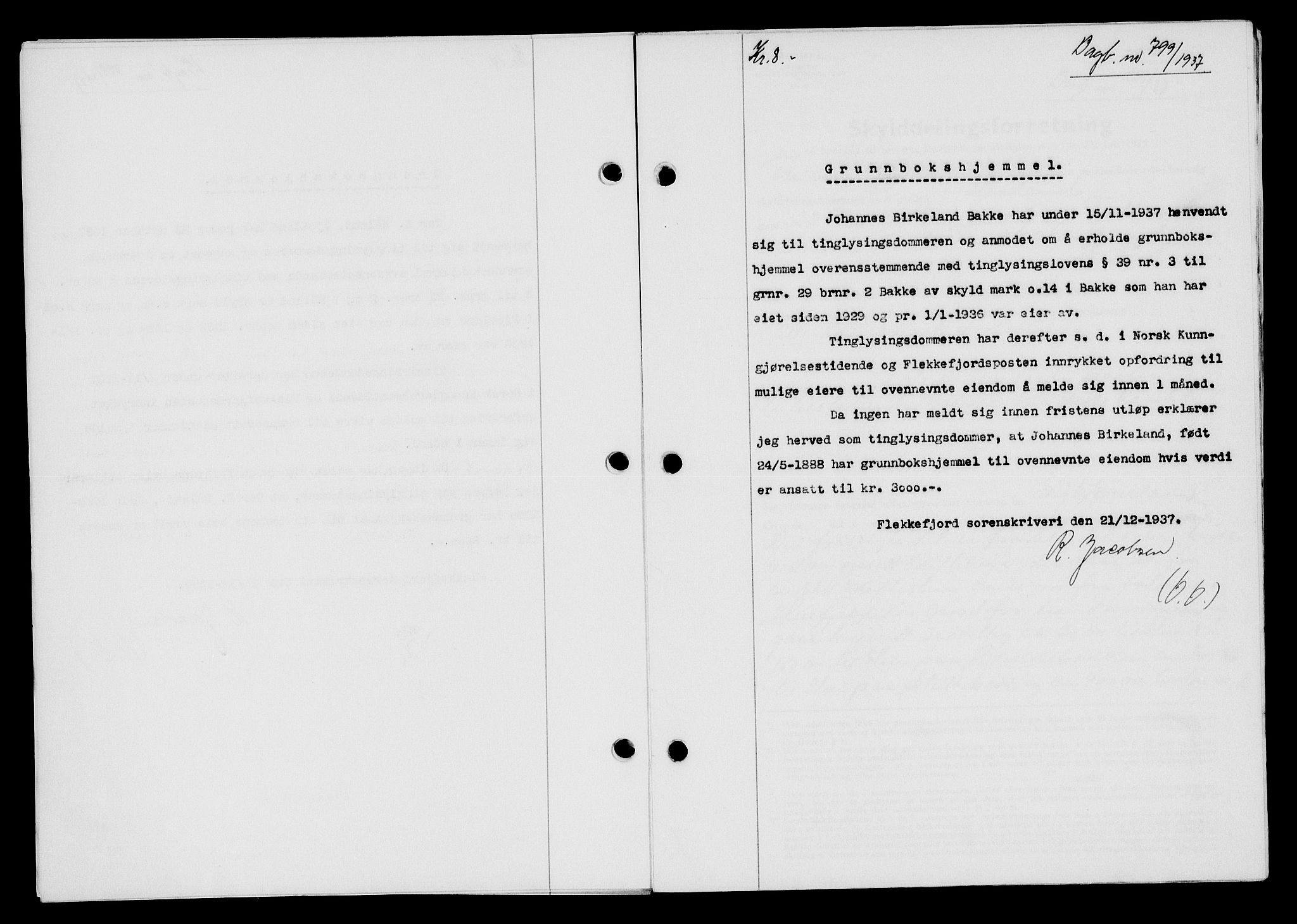 Flekkefjord sorenskriveri, SAK/1221-0001/G/Gb/Gba/L0054: Mortgage book no. A-2, 1937-1938, Diary no: : 799/1937