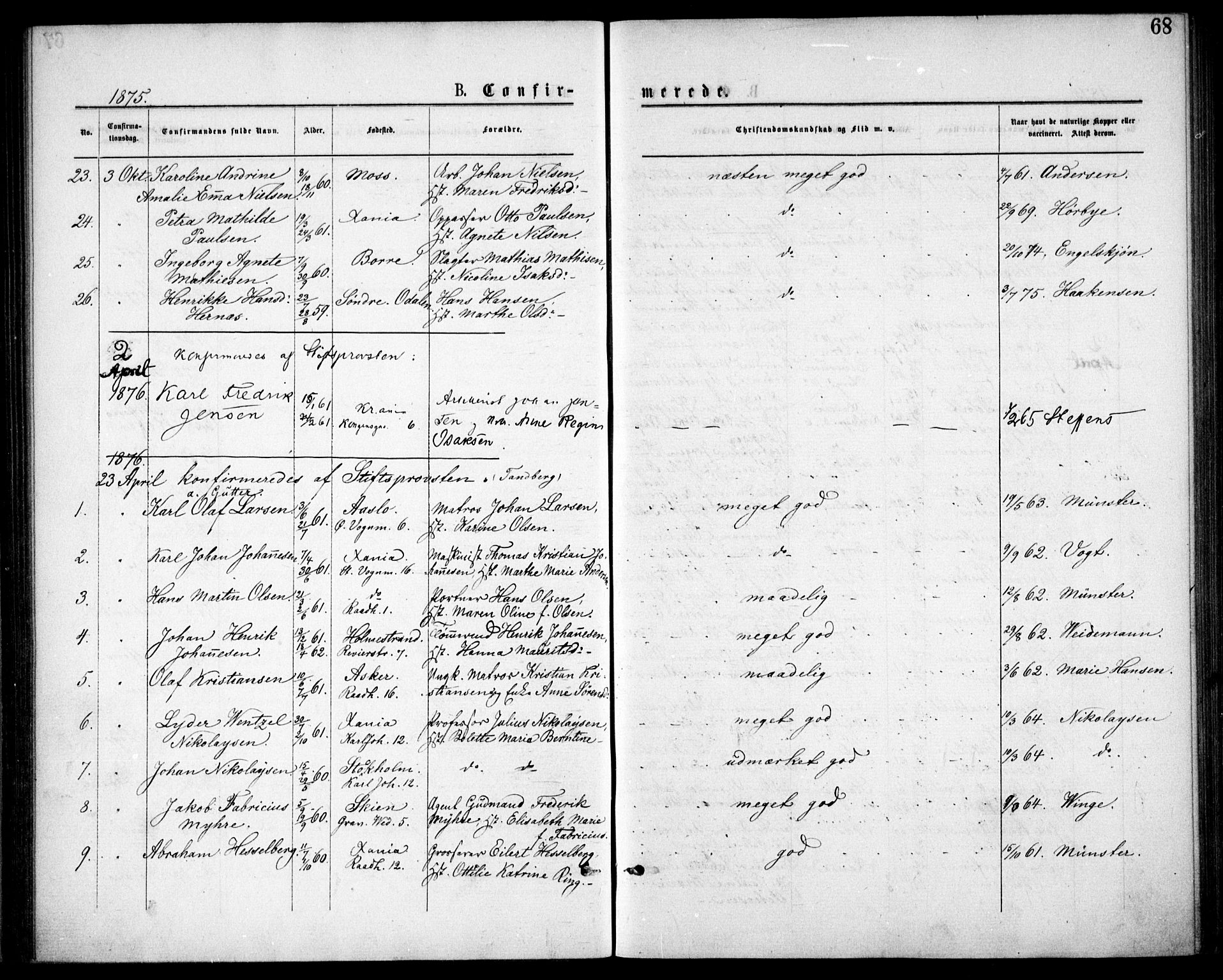 Oslo domkirke Kirkebøker, SAO/A-10752/F/Fa/L0018: Parish register (official) no. 18, 1872-1886, p. 68