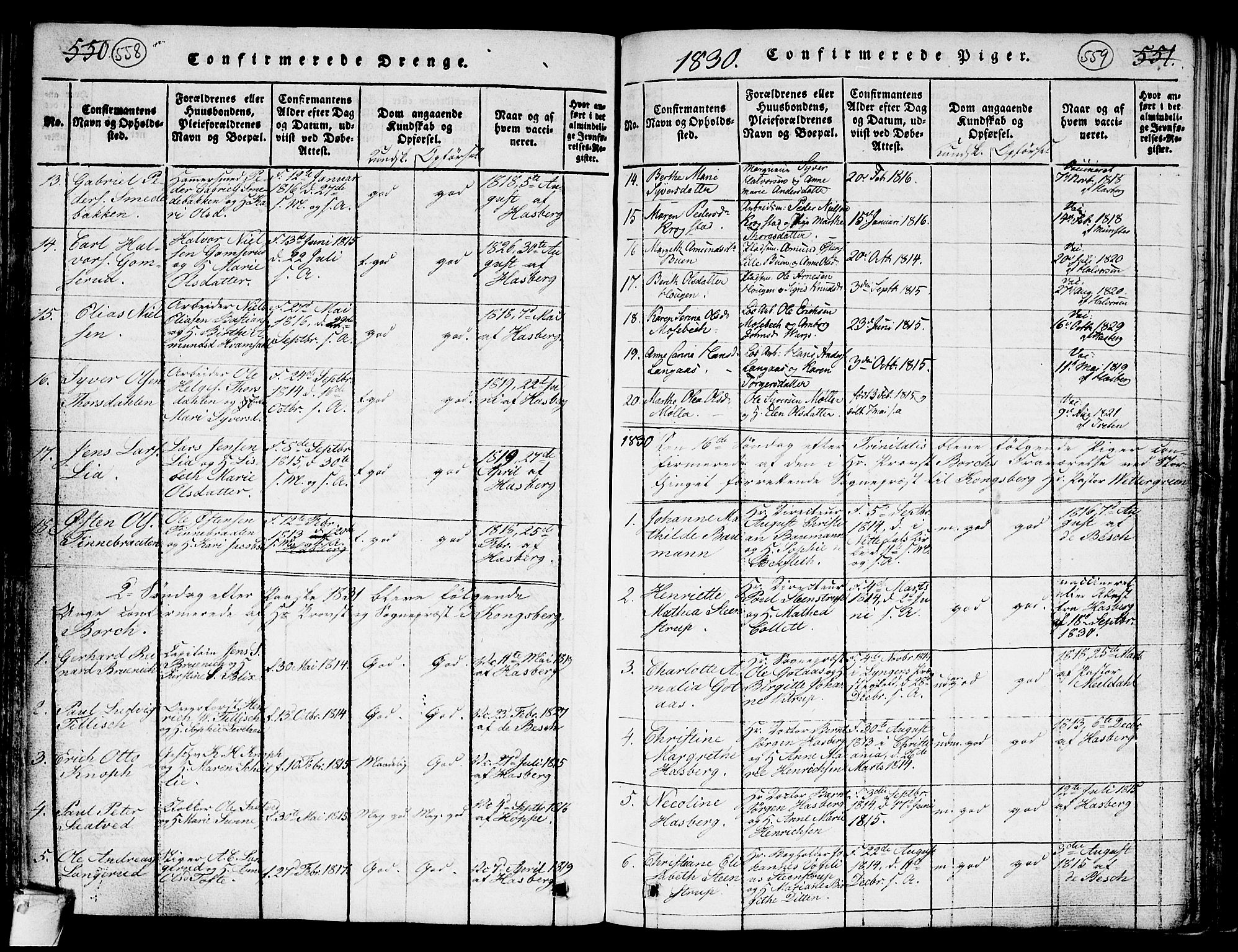 Kongsberg kirkebøker, SAKO/A-22/G/Ga/L0001: Parish register (copy) no. 1, 1816-1839, p. 558-559