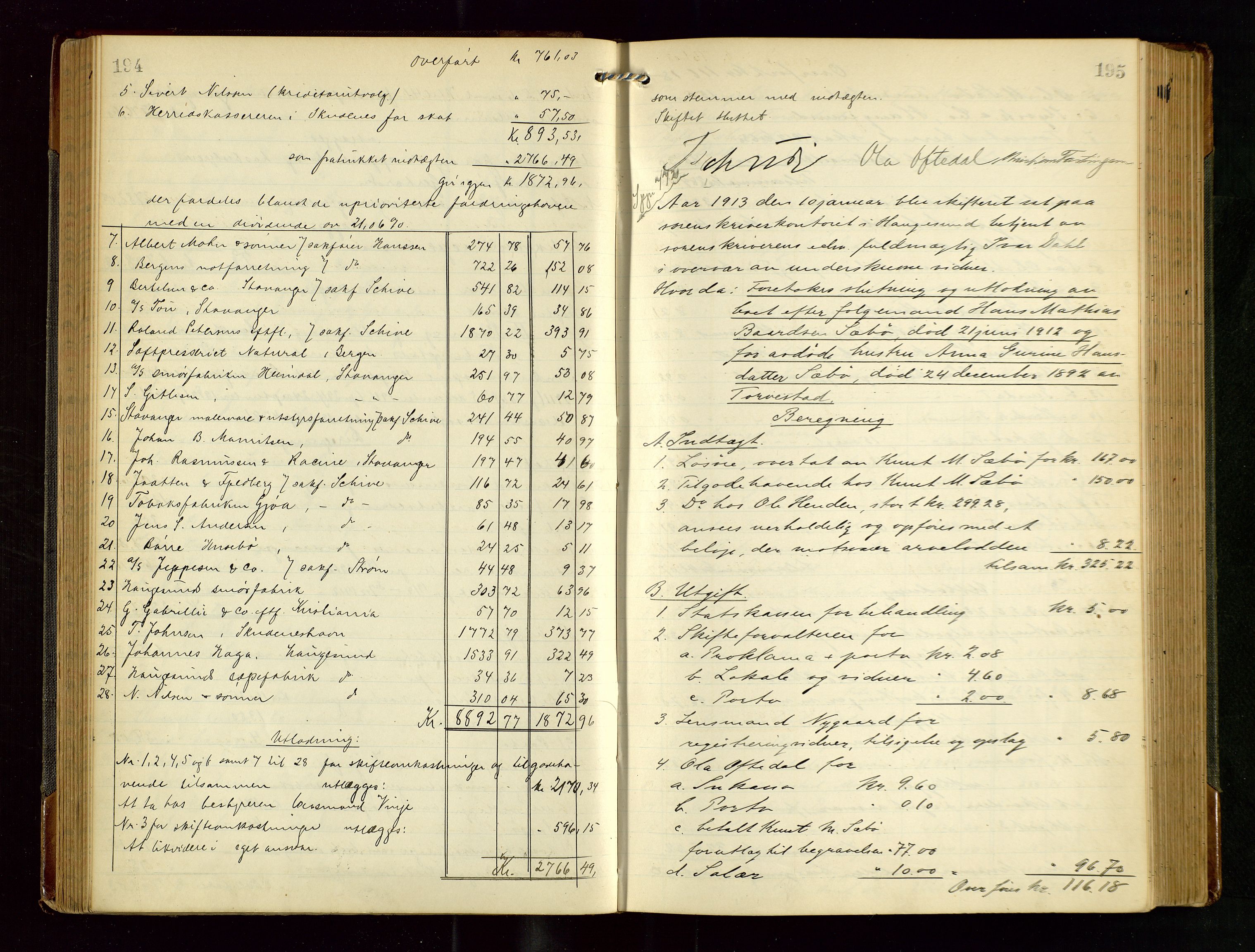 Karmsund sorenskriveri, AV/SAST-A-100311/01/IV/IVGB/L0002: SKIFTEUTLODNINGSPROTOKOLL, 1911-1919, p. 194-195