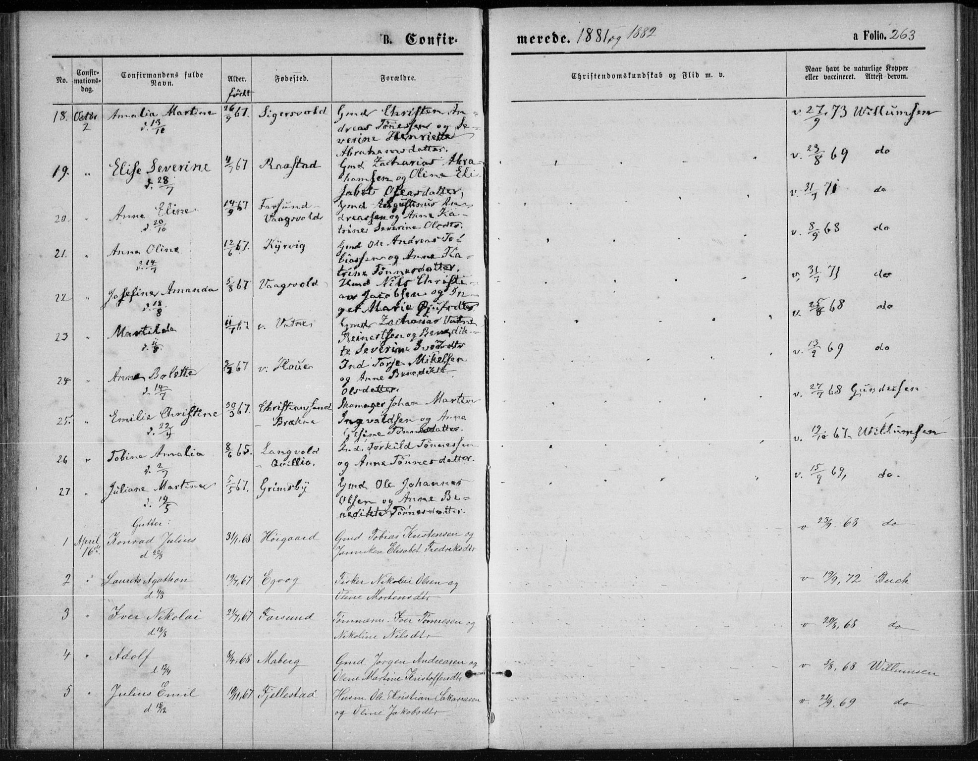 Lista sokneprestkontor, AV/SAK-1111-0027/F/Fb/L0004: Parish register (copy) no. B 4, 1877-1891, p. 263