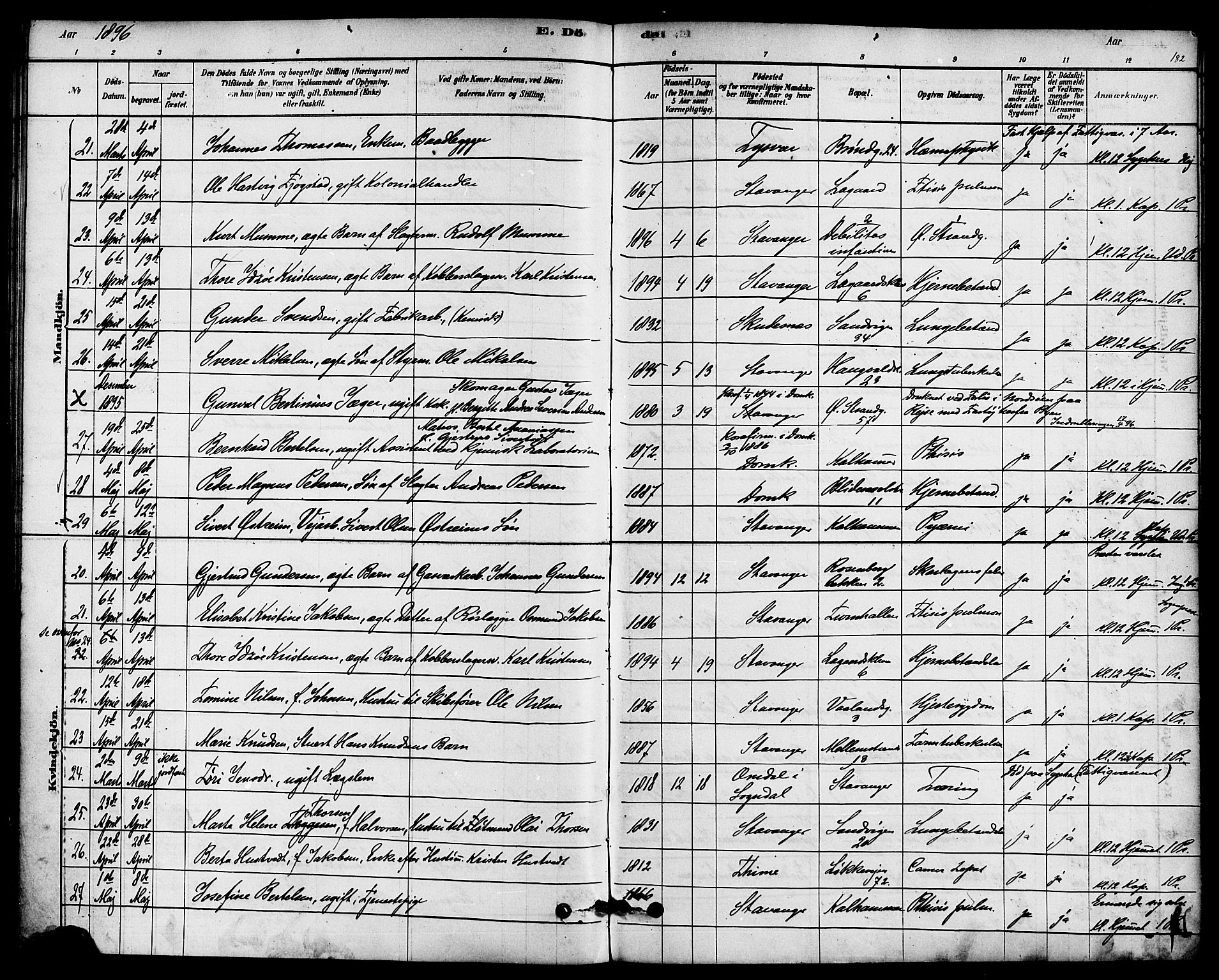 Domkirken sokneprestkontor, AV/SAST-A-101812/001/30/30BA/L0027: Parish register (official) no. A 26, 1878-1896, p. 182