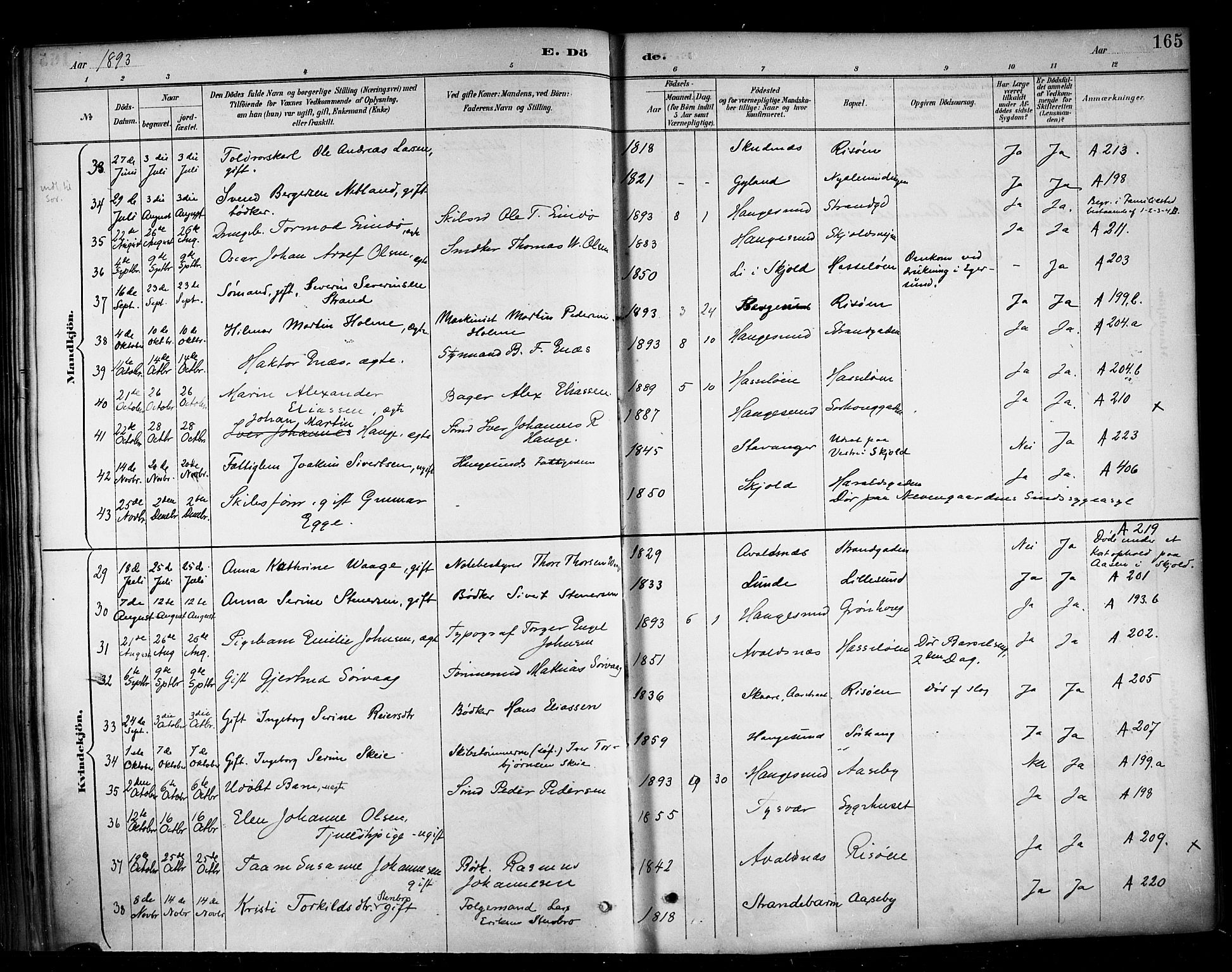 Haugesund sokneprestkontor, AV/SAST-A -101863/H/Ha/Haa/L0005: Parish register (official) no. A 5, 1891-1903, p. 165