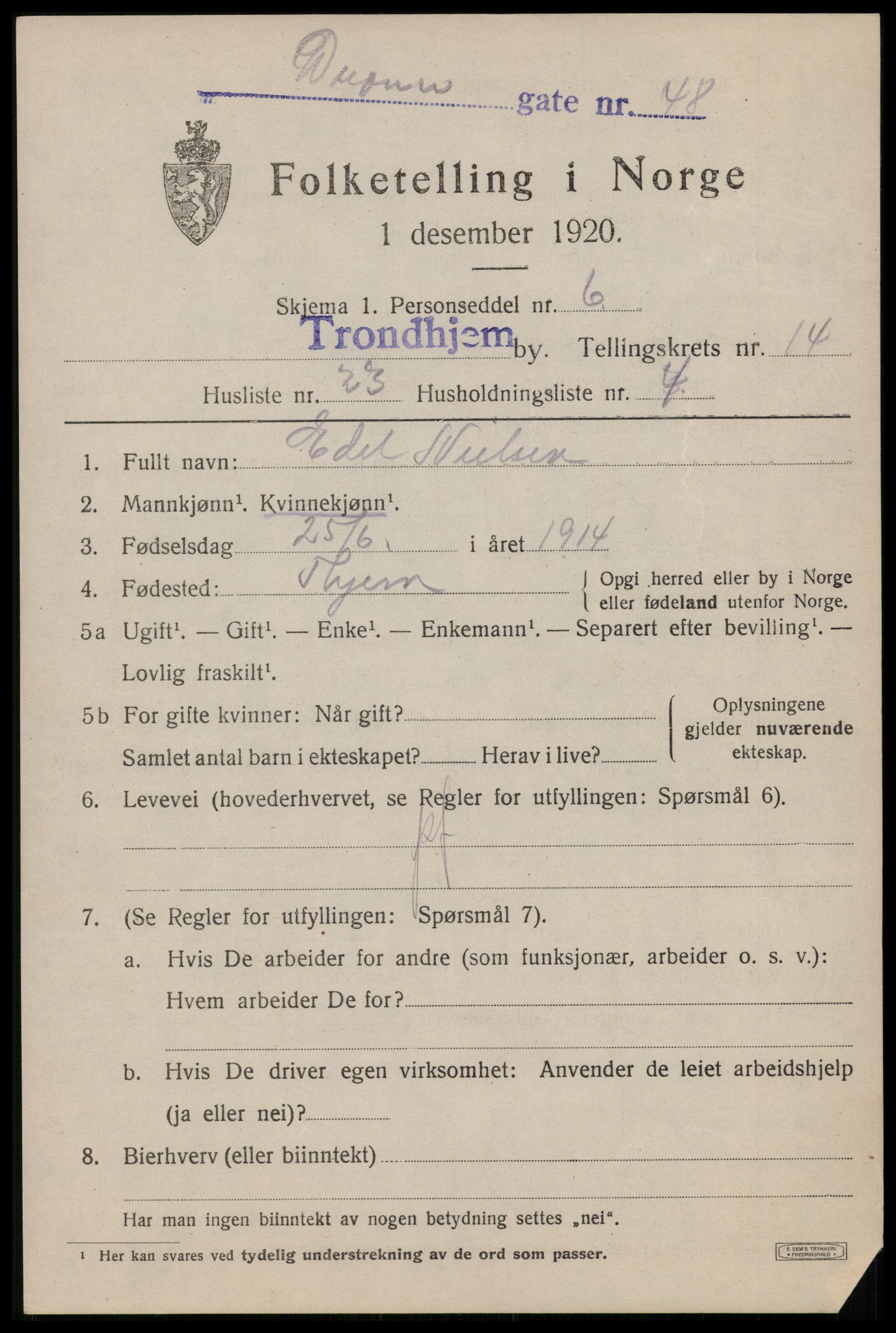 SAT, 1920 census for Trondheim, 1920, p. 51810