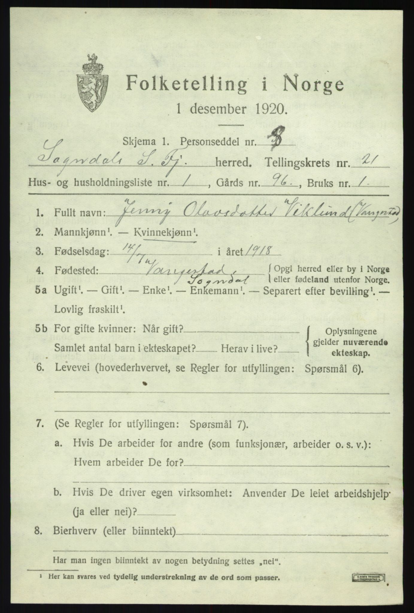 SAB, 1920 census for Sogndal, 1920, p. 7715