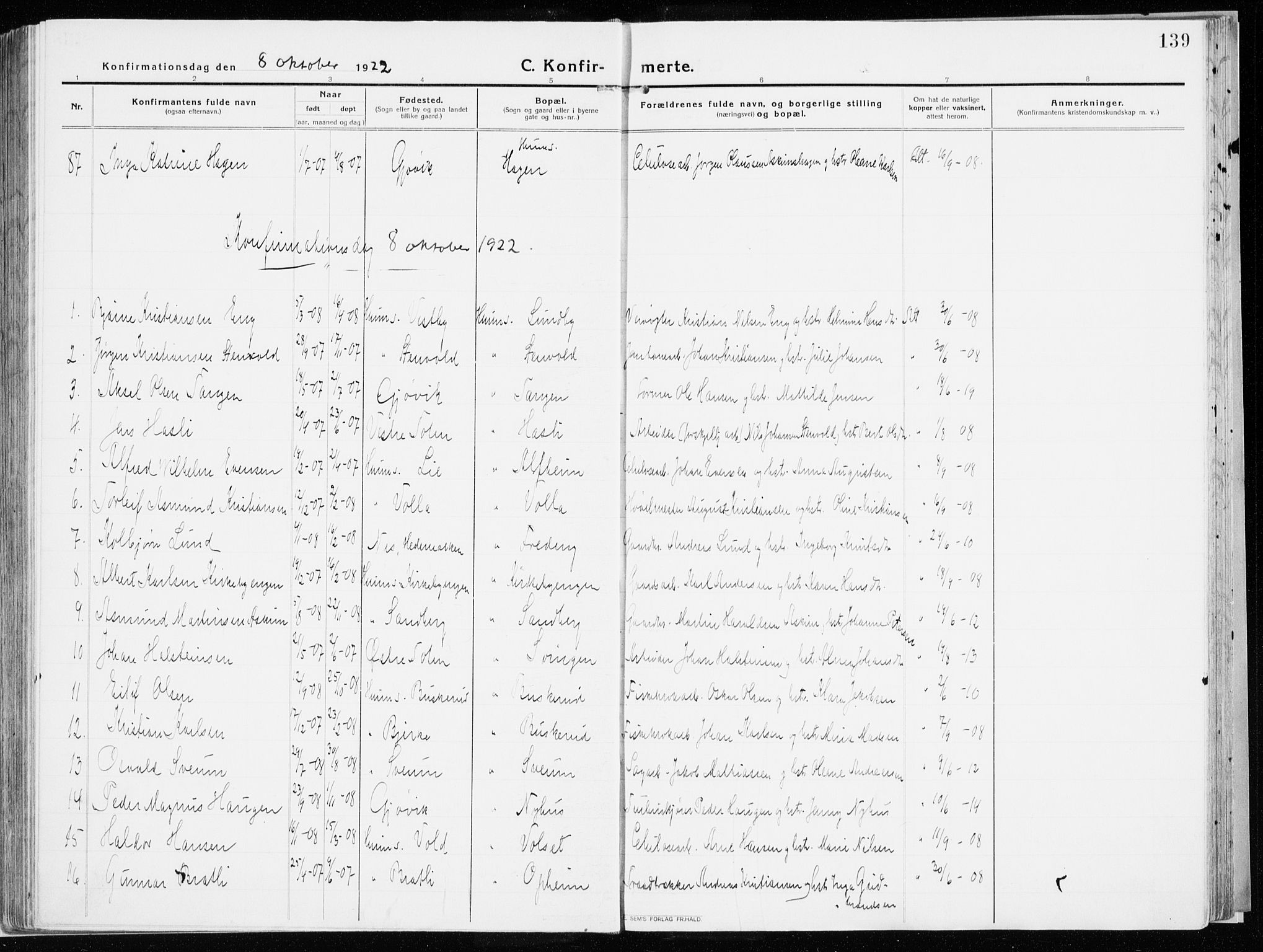 Vardal prestekontor, SAH/PREST-100/H/Ha/Haa/L0017: Parish register (official) no. 17, 1915-1929, p. 139
