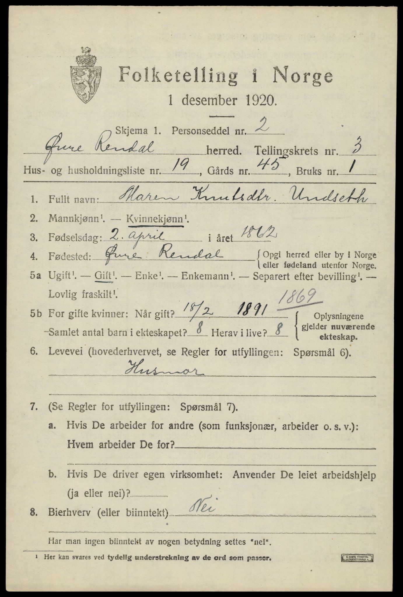 SAH, 1920 census for Øvre Rendal, 1920, p. 1521