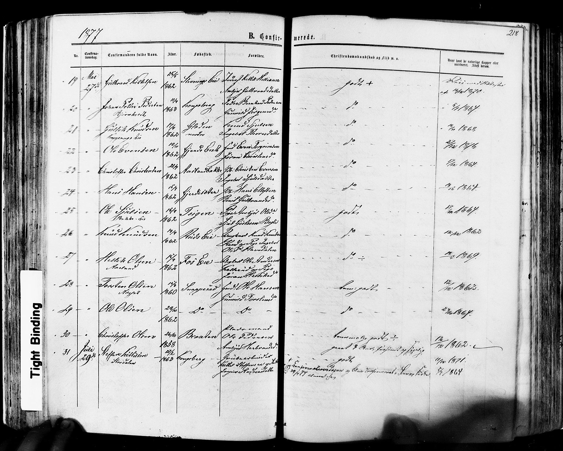 Flesberg kirkebøker, AV/SAKO-A-18/F/Fa/L0007: Parish register (official) no. I 7, 1861-1878, p. 218