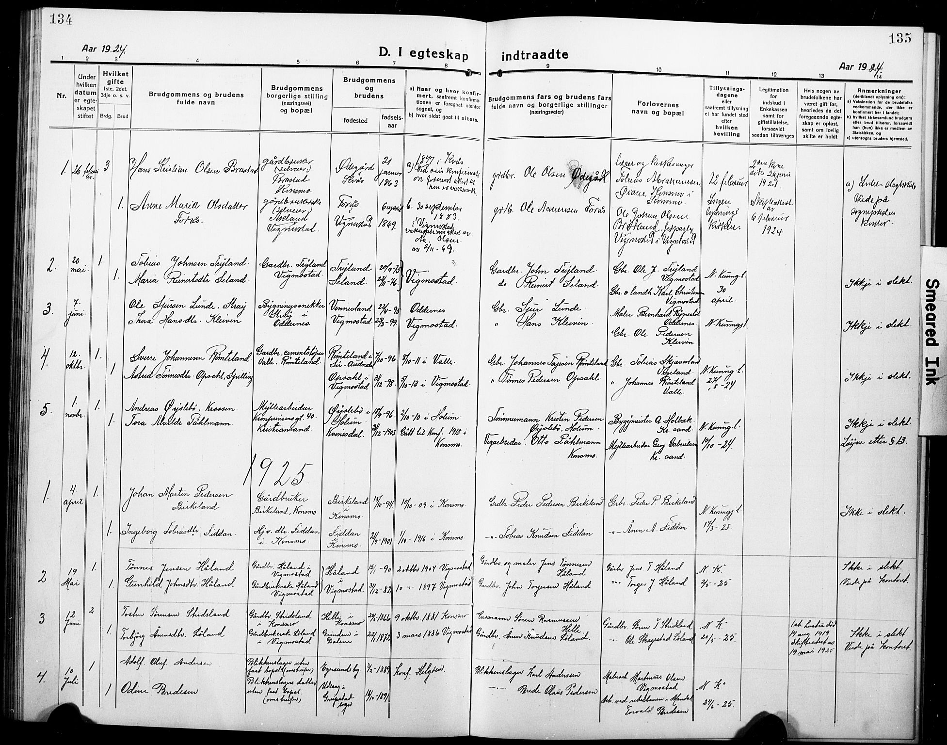 Nord-Audnedal sokneprestkontor, SAK/1111-0032/F/Fb/Fbb/L0005: Parish register (copy) no. B 5, 1918-1929, p. 134-135