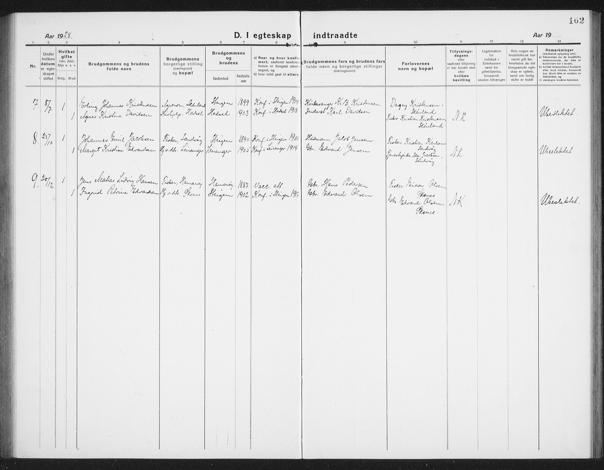 Ministerialprotokoller, klokkerbøker og fødselsregistre - Nordland, AV/SAT-A-1459/855/L0817: Parish register (copy) no. 855C06, 1917-1934, p. 162