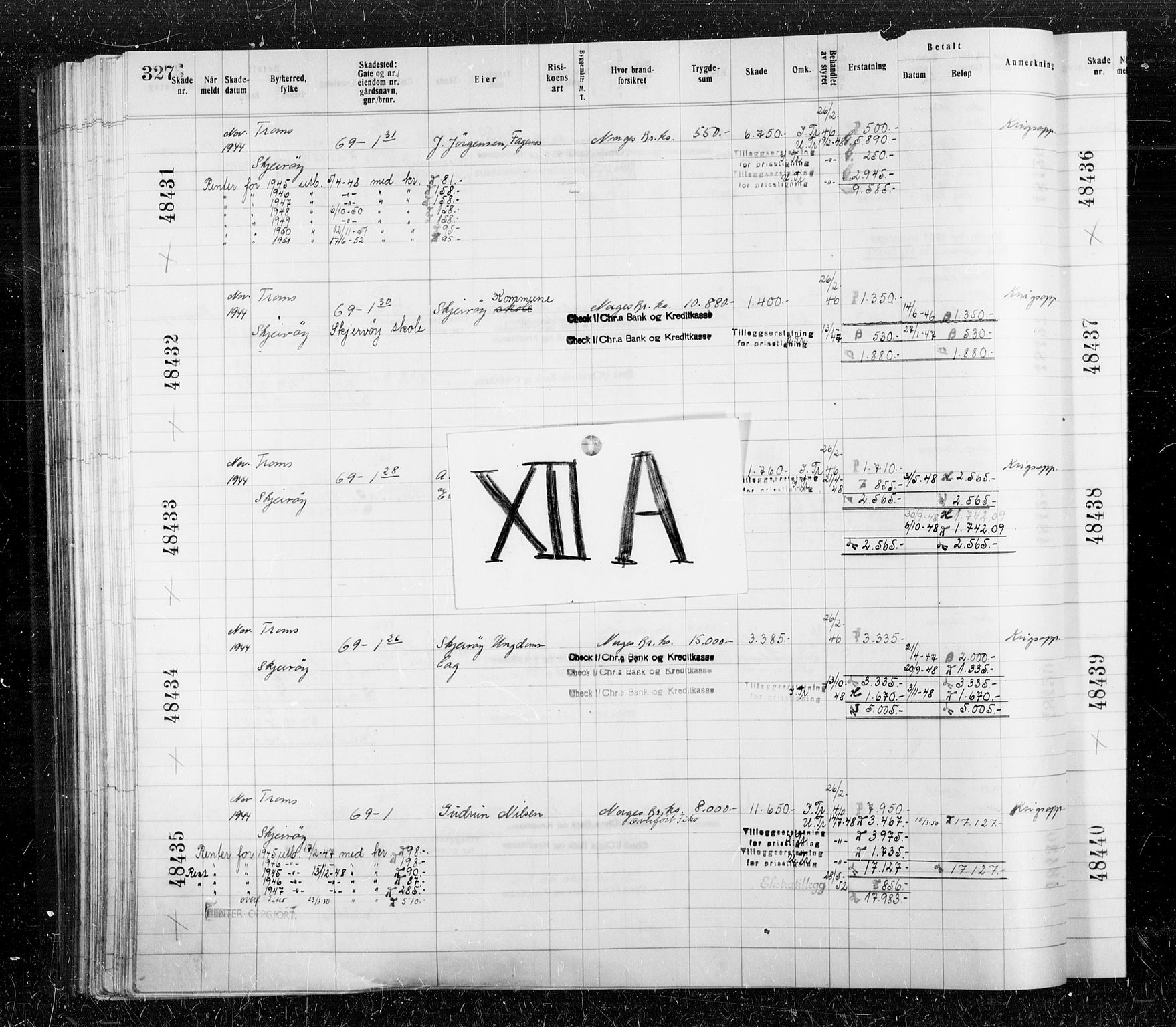 Krigsskadetrygdene for bygninger og løsøre, AV/RA-S-1548/V/L0040: Bygning, branntrygdet, 1940-1945