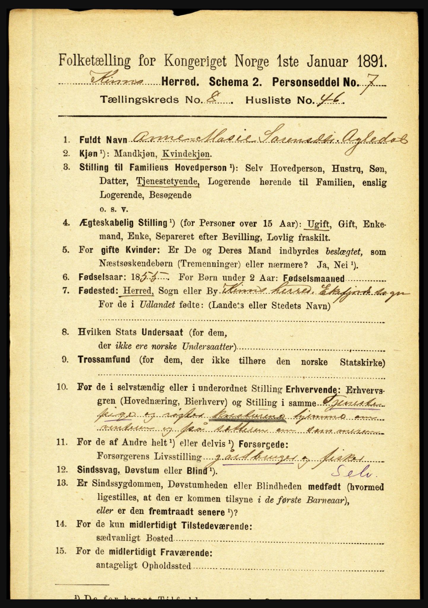 RA, 1891 census for 1437 Kinn, 1891, p. 3397