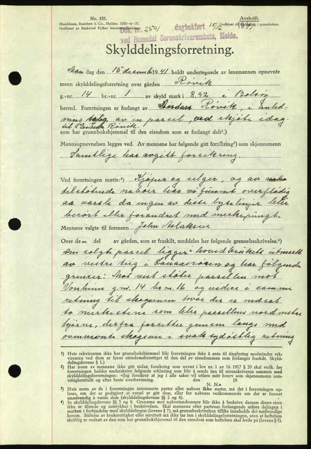 Romsdal sorenskriveri, AV/SAT-A-4149/1/2/2C: Mortgage book no. A11, 1941-1942, Diary no: : 2501/1941