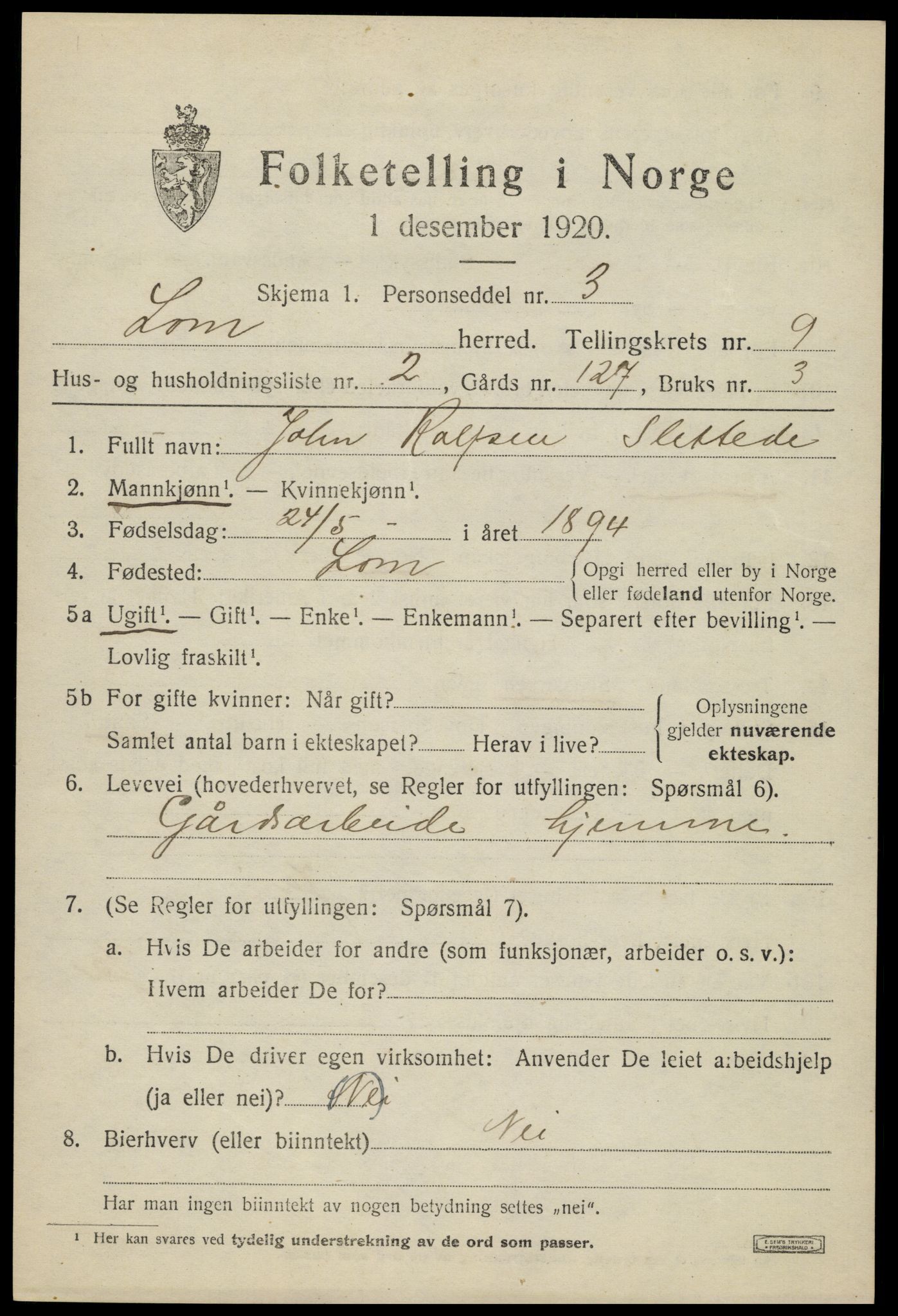 SAH, 1920 census for Lom, 1920, p. 5088