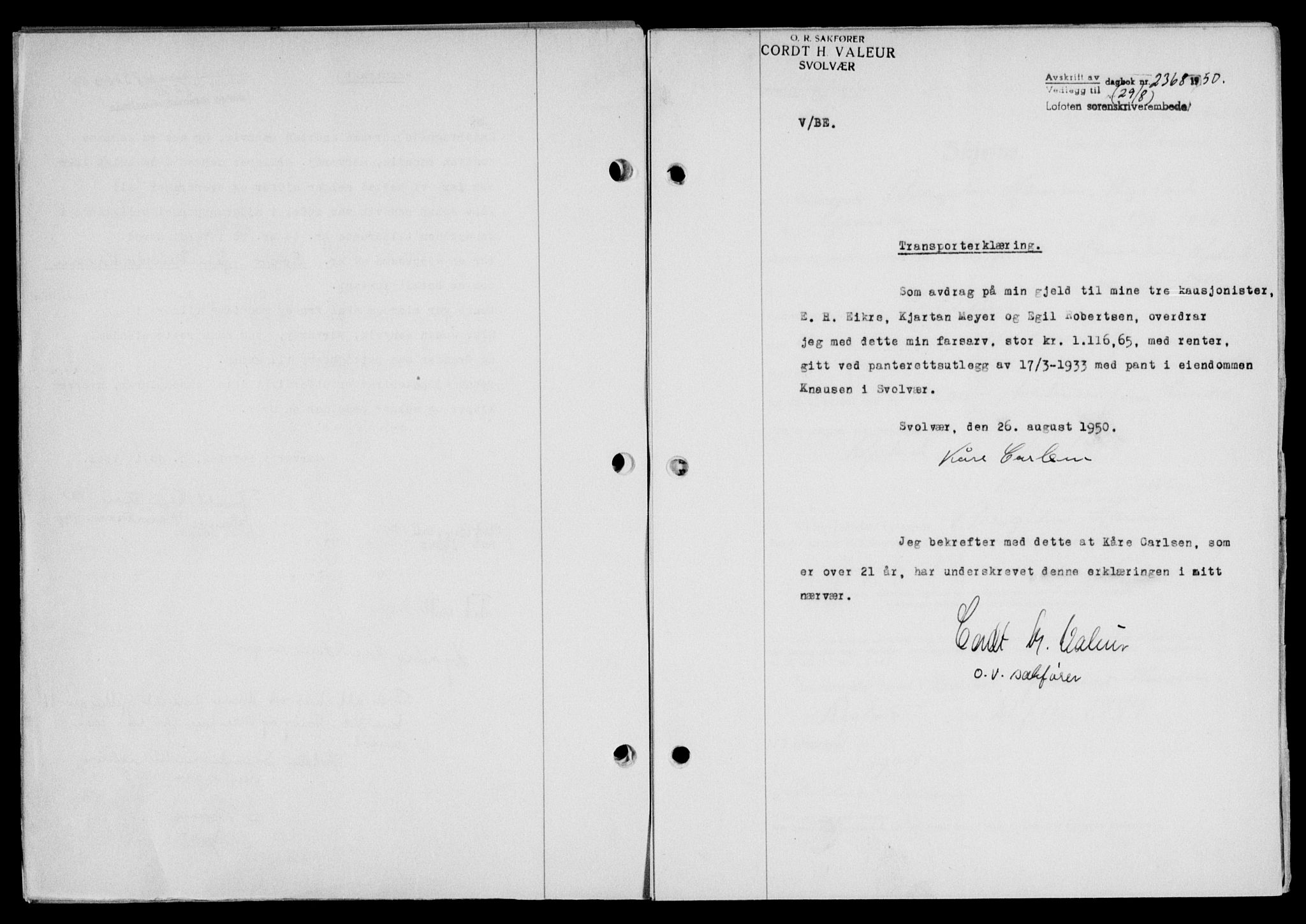 Lofoten sorenskriveri, SAT/A-0017/1/2/2C/L0024a: Mortgage book no. 24a, 1950-1950, Diary no: : 2368/1950