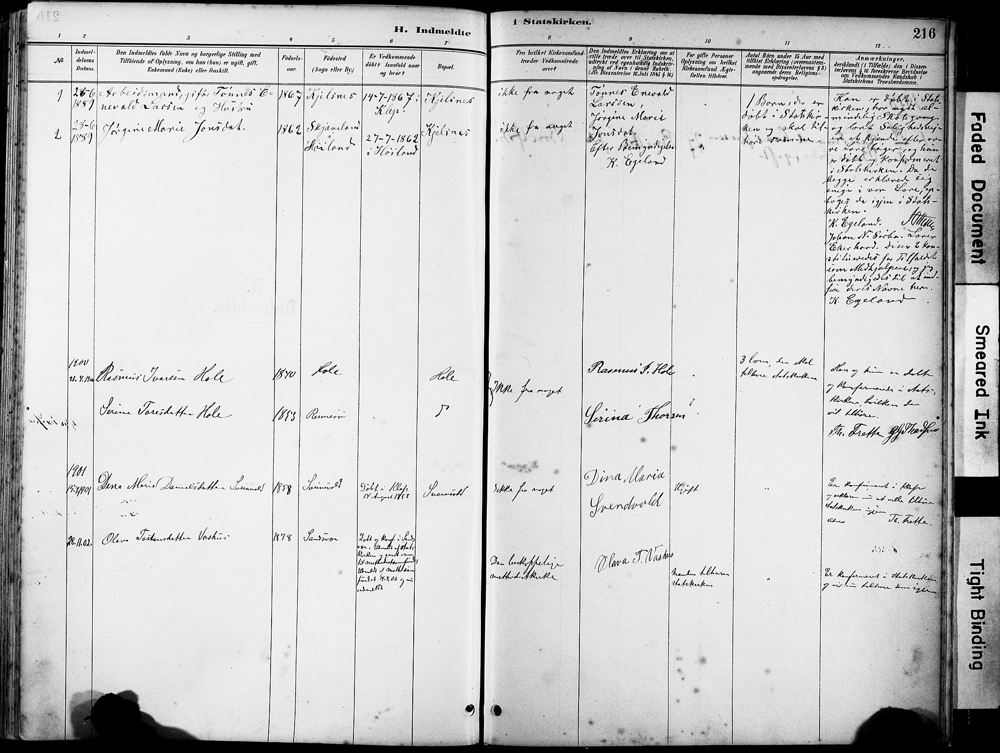 Klepp sokneprestkontor, SAST/A-101803/001/3/30BA/L0008: Parish register (official) no. A 9, 1886-1919, p. 216