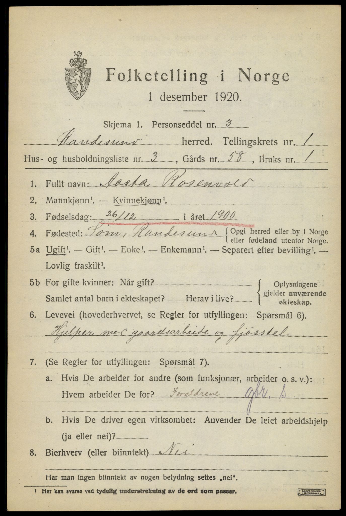 SAK, 1920 census for Randesund, 1920, p. 600