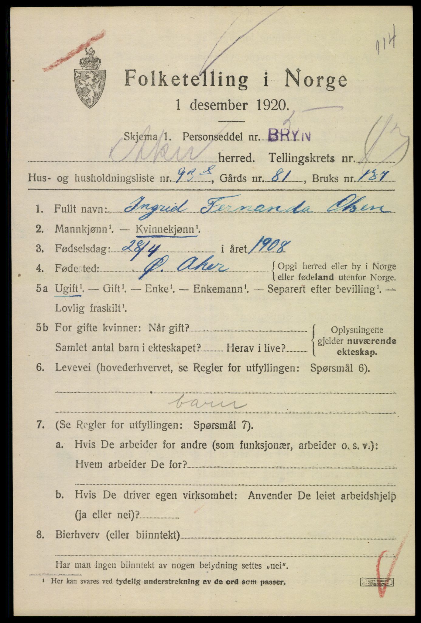 SAO, 1920 census for Aker, 1920, p. 104286