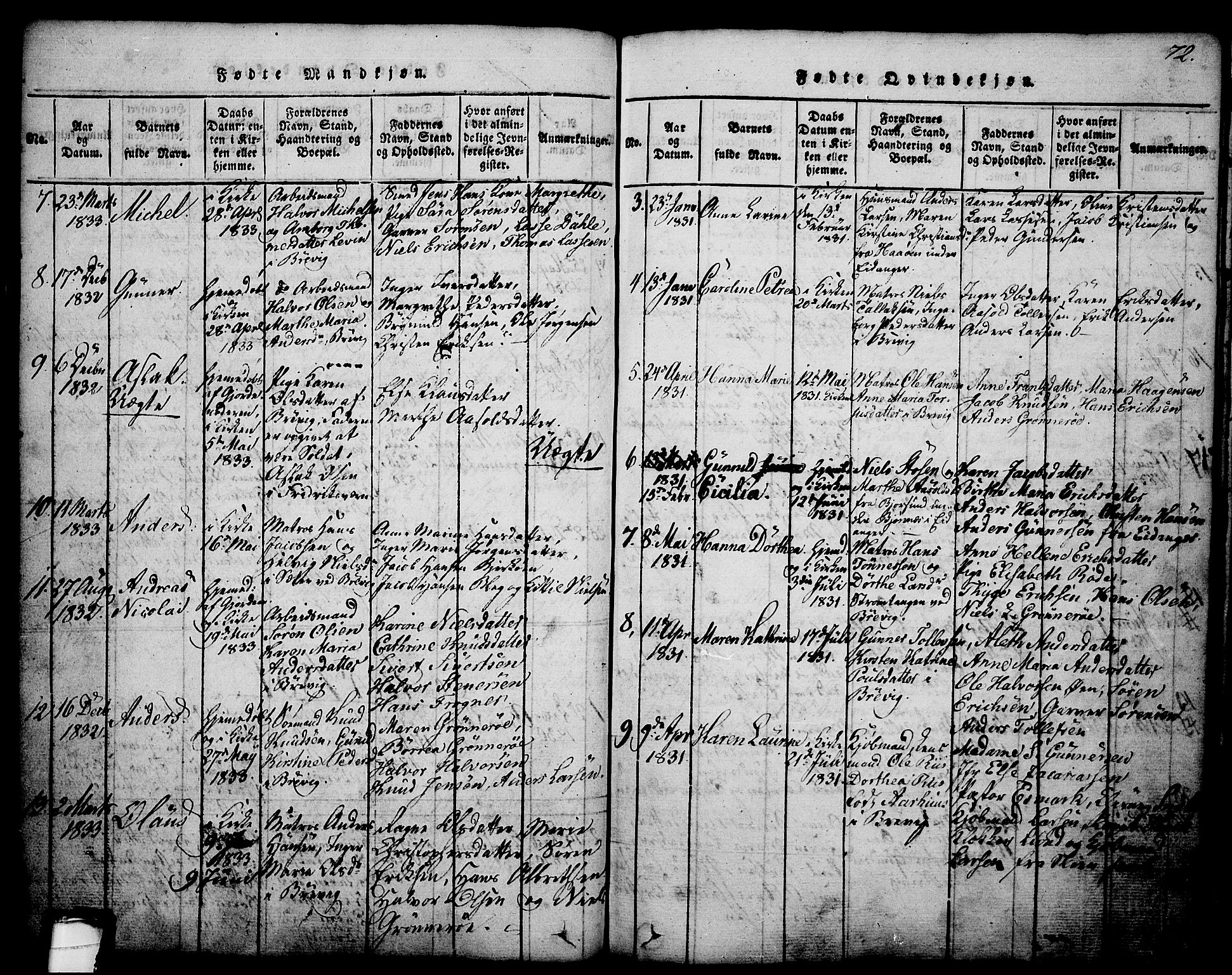 Brevik kirkebøker, SAKO/A-255/G/Ga/L0001: Parish register (copy) no. 1, 1814-1845, p. 72