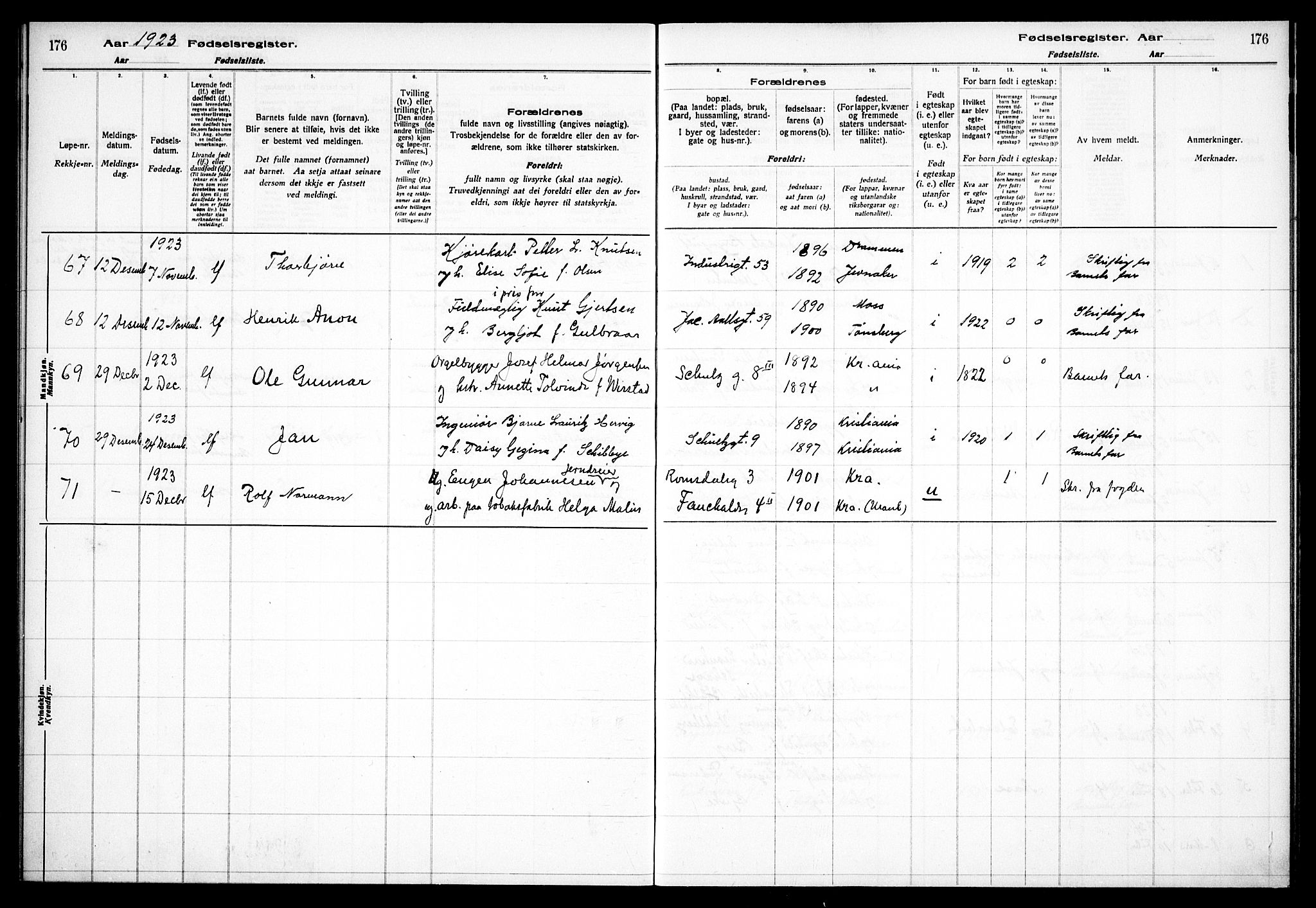 Fagerborg prestekontor Kirkebøker, AV/SAO-A-10844/J/Ja/L0001: Birth register no. 1, 1916-1925, p. 176