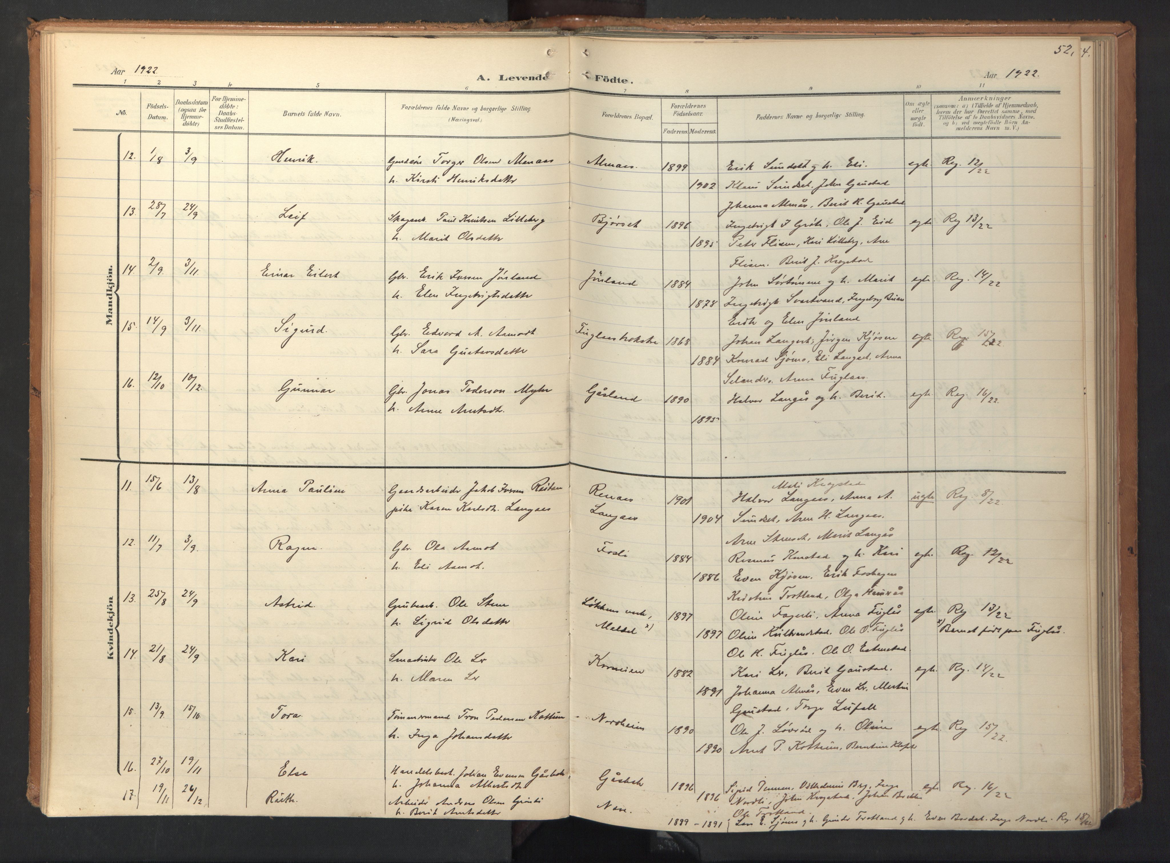 Ministerialprotokoller, klokkerbøker og fødselsregistre - Sør-Trøndelag, SAT/A-1456/694/L1128: Parish register (official) no. 694A02, 1906-1931, p. 52
