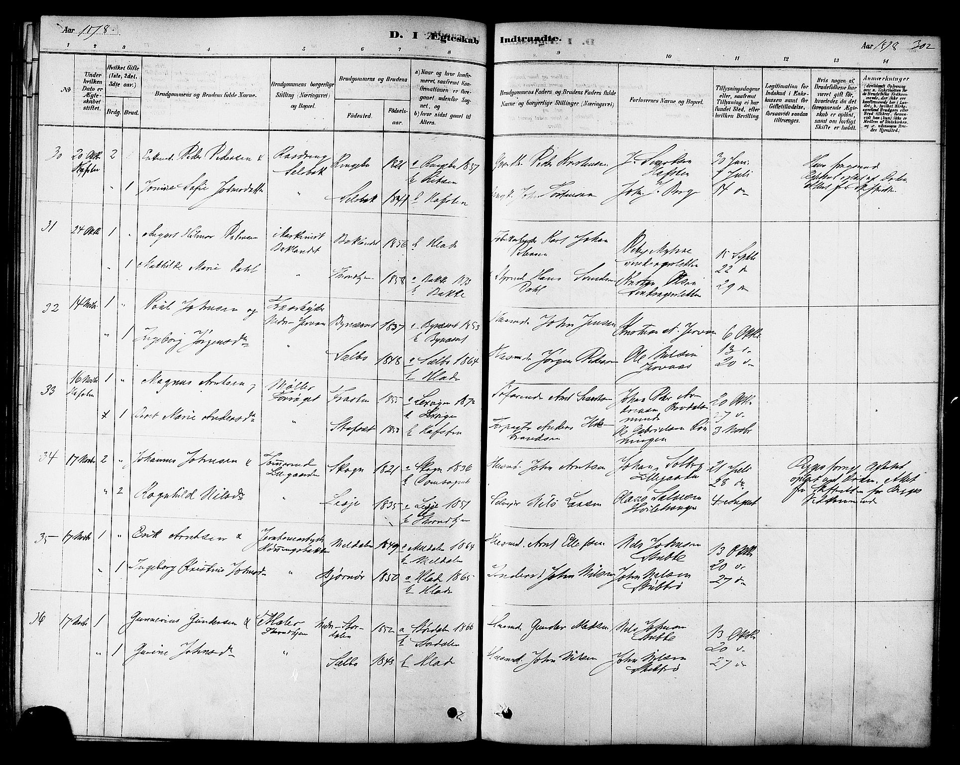 Ministerialprotokoller, klokkerbøker og fødselsregistre - Sør-Trøndelag, AV/SAT-A-1456/606/L0294: Parish register (official) no. 606A09, 1878-1886, p. 302