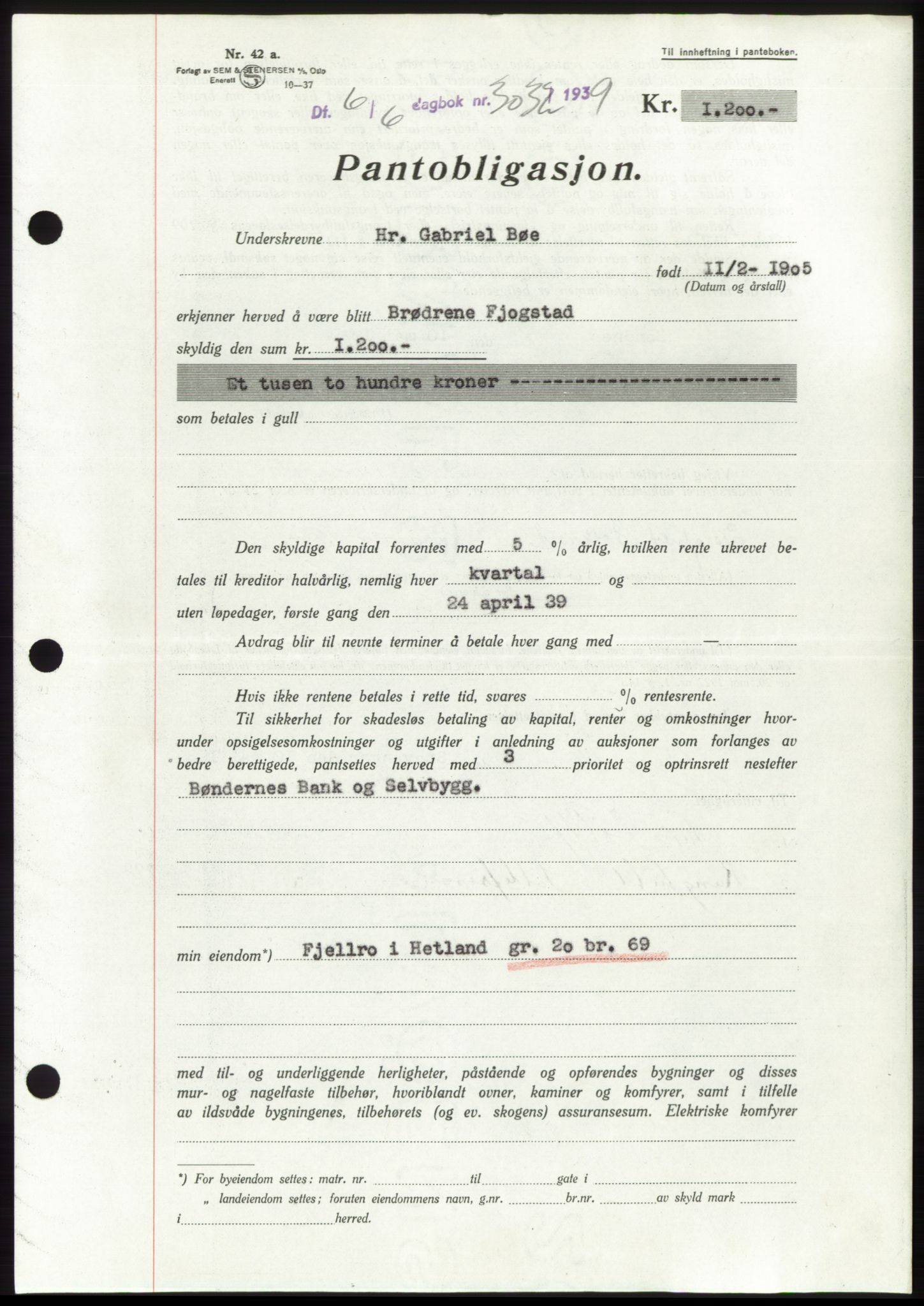 Jæren sorenskriveri, SAST/A-100310/03/G/Gba/L0074: Mortgage book, 1939-1939, Diary no: : 3032/1939
