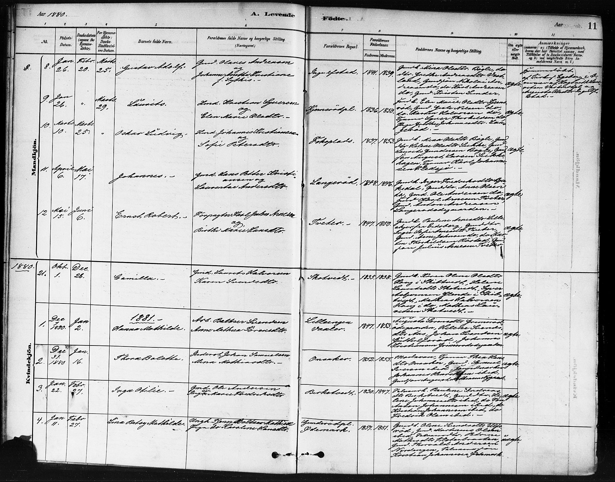 Våler prestekontor Kirkebøker, SAO/A-11083/F/Fb/L0001: Parish register (official) no. II 1, 1878-1896, p. 11