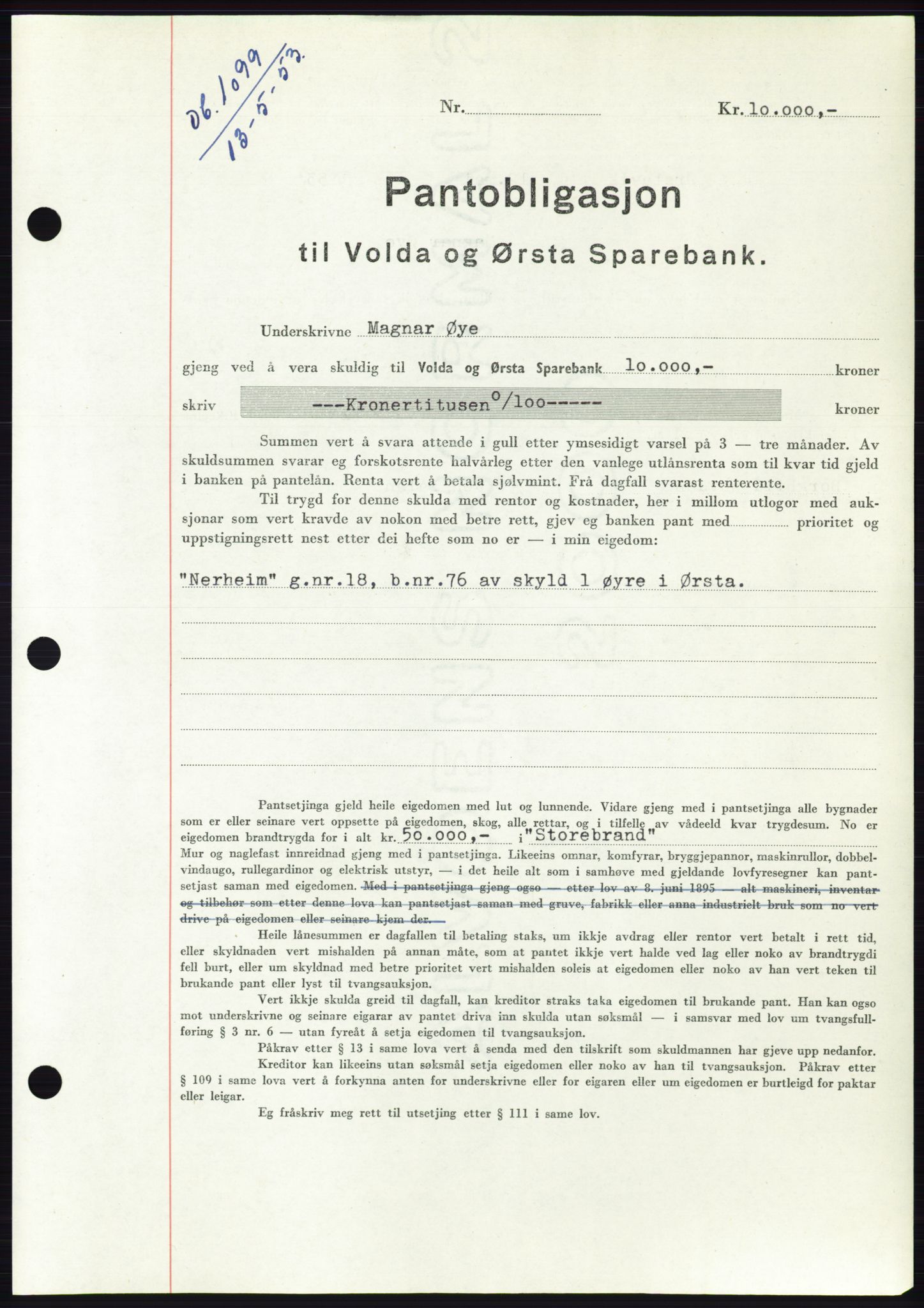 Søre Sunnmøre sorenskriveri, AV/SAT-A-4122/1/2/2C/L0123: Mortgage book no. 11B, 1953-1953, Diary no: : 1099/1953