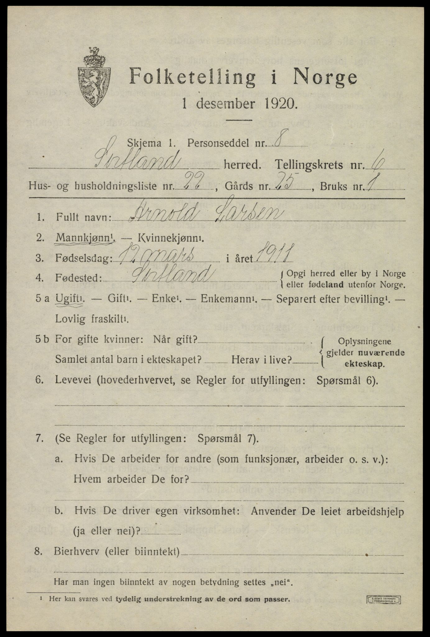 SAT, 1920 census for Sortland, 1920, p. 6530