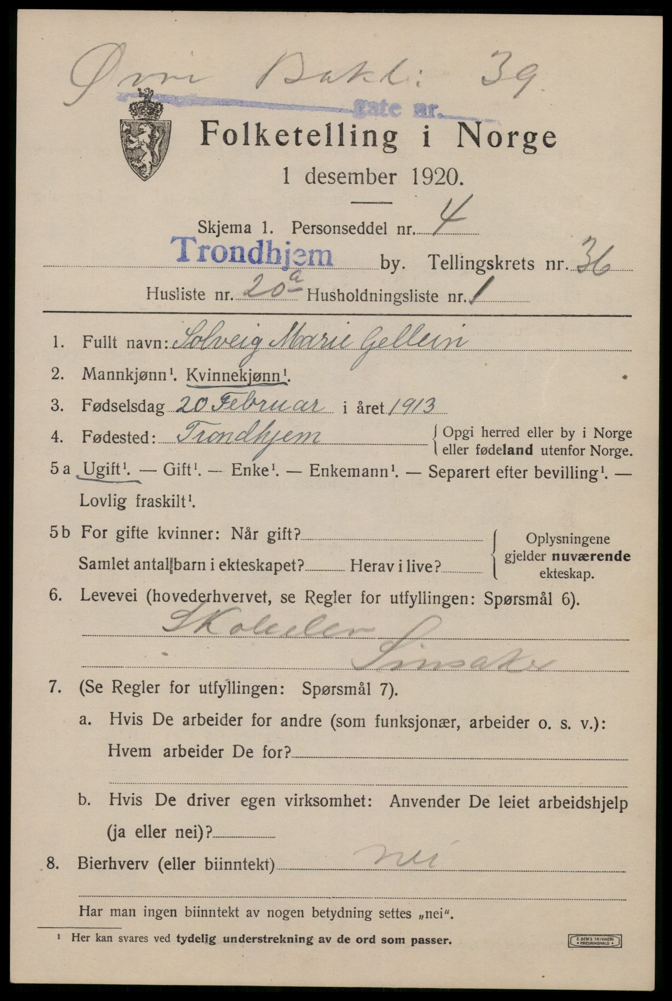 SAT, 1920 census for Trondheim, 1920, p. 83360