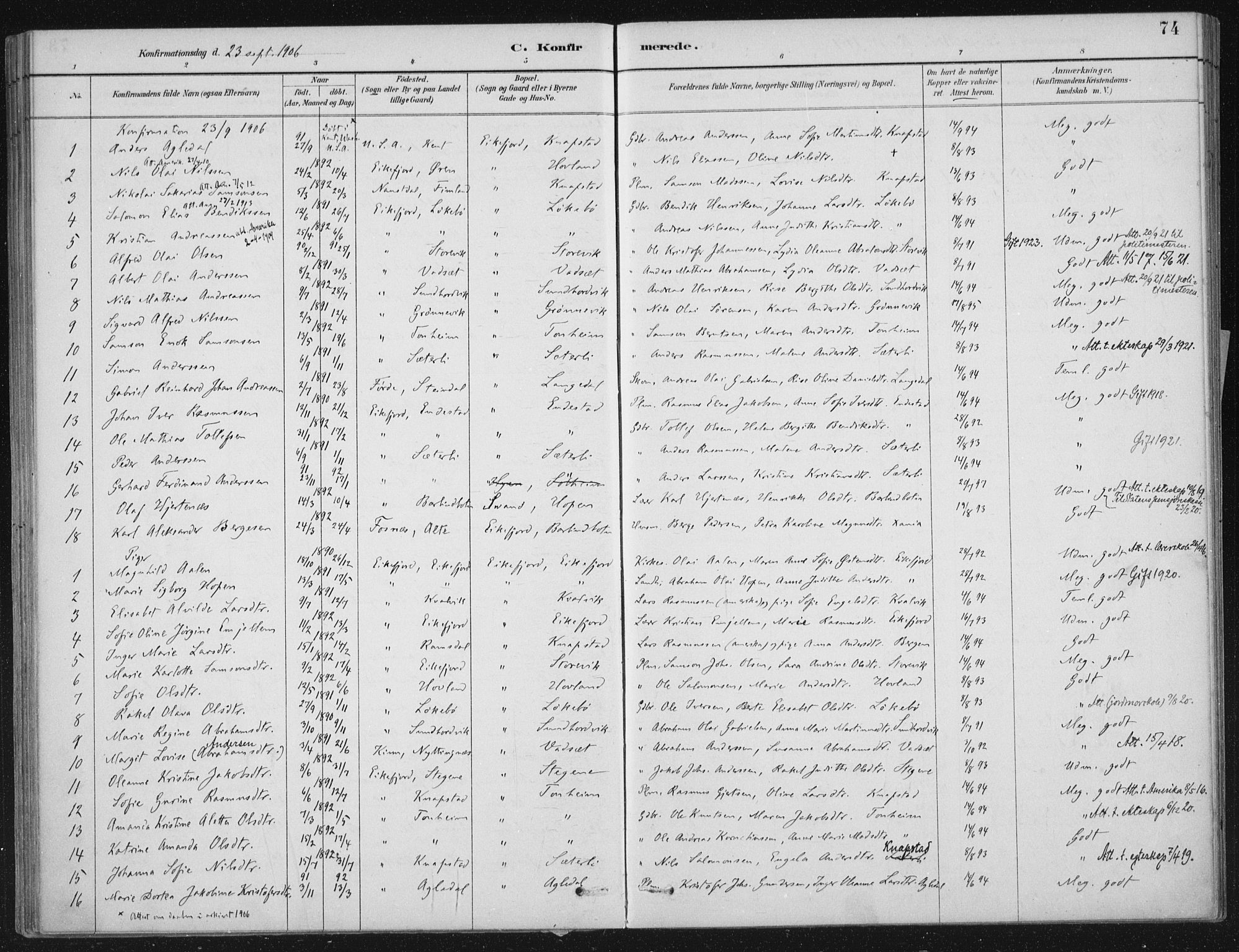 Kinn sokneprestembete, AV/SAB-A-80801/H/Haa/Haae/L0001: Parish register (official) no. E 1, 1890-1916, p. 74