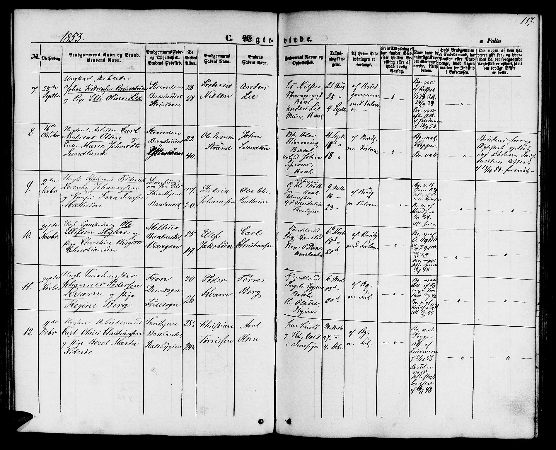 Ministerialprotokoller, klokkerbøker og fødselsregistre - Sør-Trøndelag, SAT/A-1456/604/L0184: Parish register (official) no. 604A05, 1851-1860, p. 117