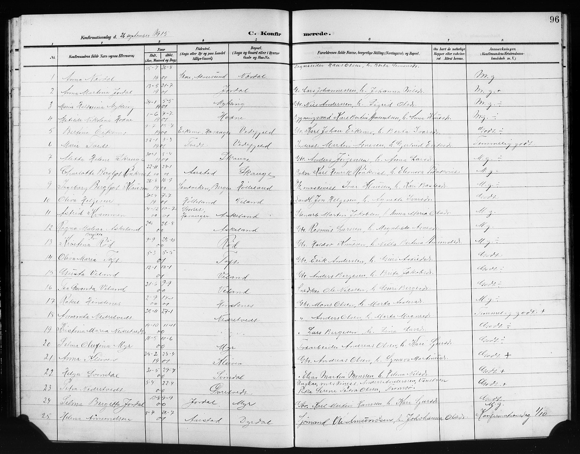 Lindås Sokneprestembete, SAB/A-76701/H/Hab: Parish register (copy) no. E 4, 1906-1921, p. 96