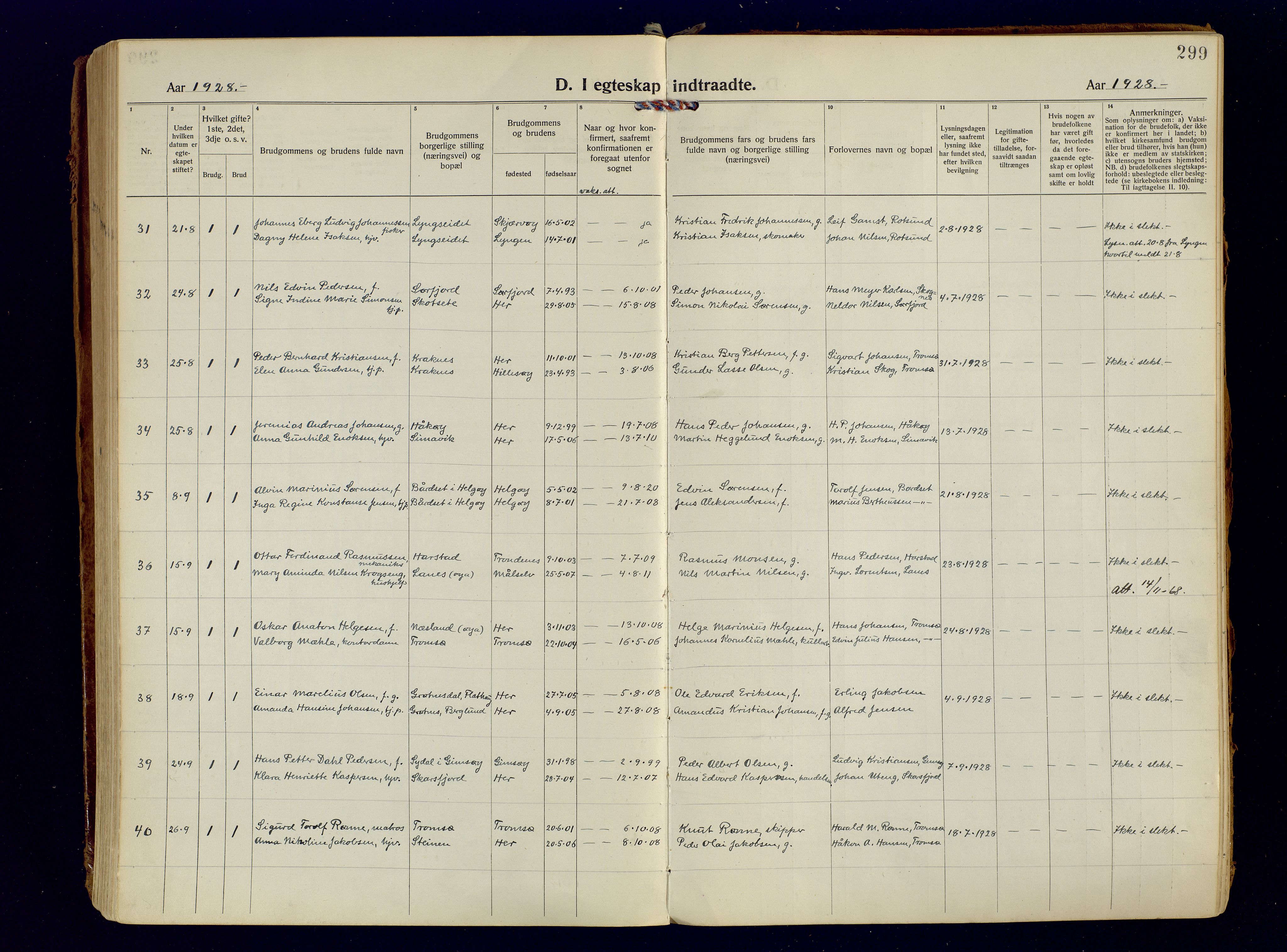 Tromsøysund sokneprestkontor, AV/SATØ-S-1304/G/Ga/L0009kirke: Parish register (official) no. 9, 1922-1934, p. 299