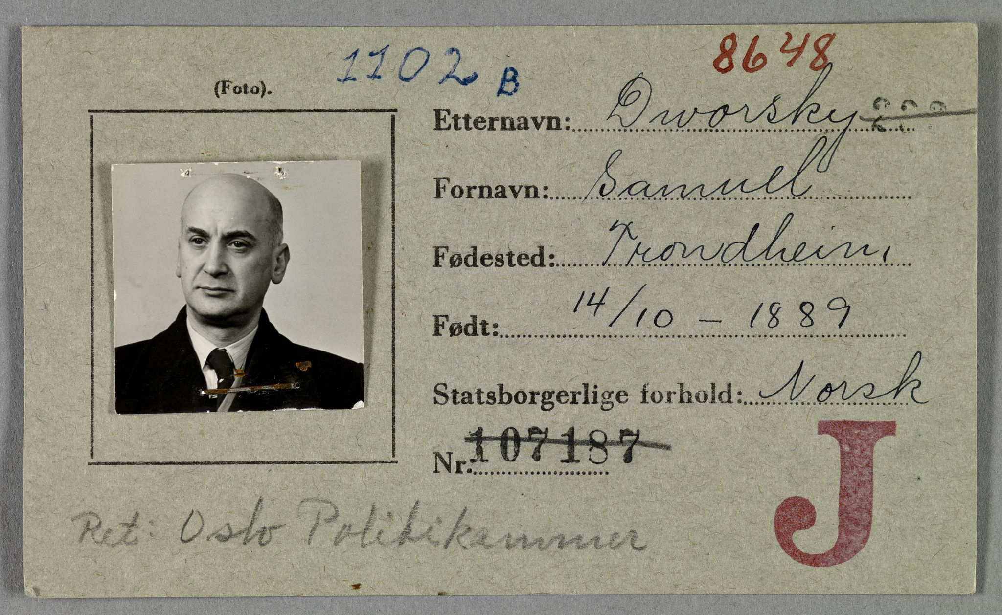 Sosialdepartementet, Våre Falne, AV/RA-S-1708/E/Ee/L0021A: Fotografier av jøder på legitimasjonskort (1941-42), 1941-1942, p. 89