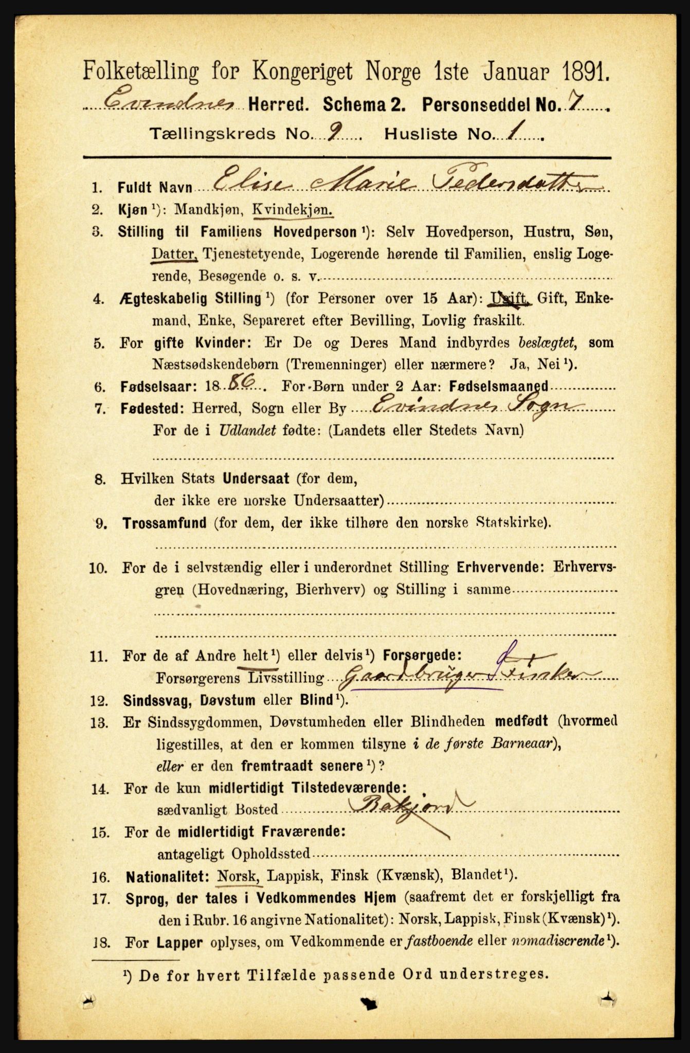 RA, 1891 census for 1853 Evenes, 1891, p. 2809