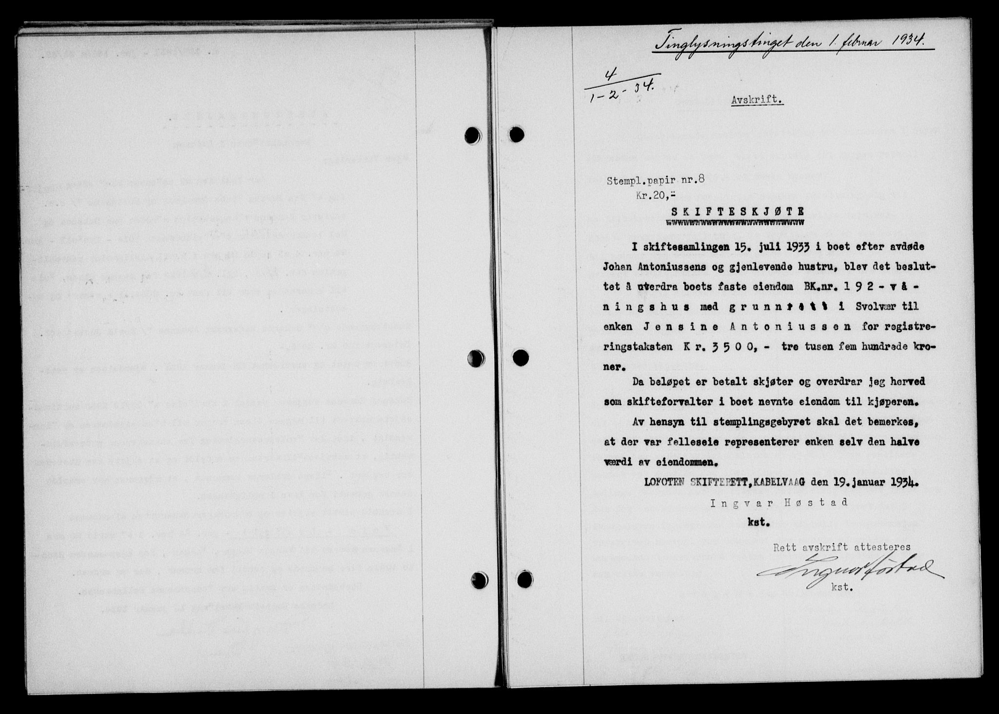 Lofoten sorenskriveri, SAT/A-0017/1/2/2C/L0029b: Mortgage book no. 29b, 1934-1934, Deed date: 01.02.1934