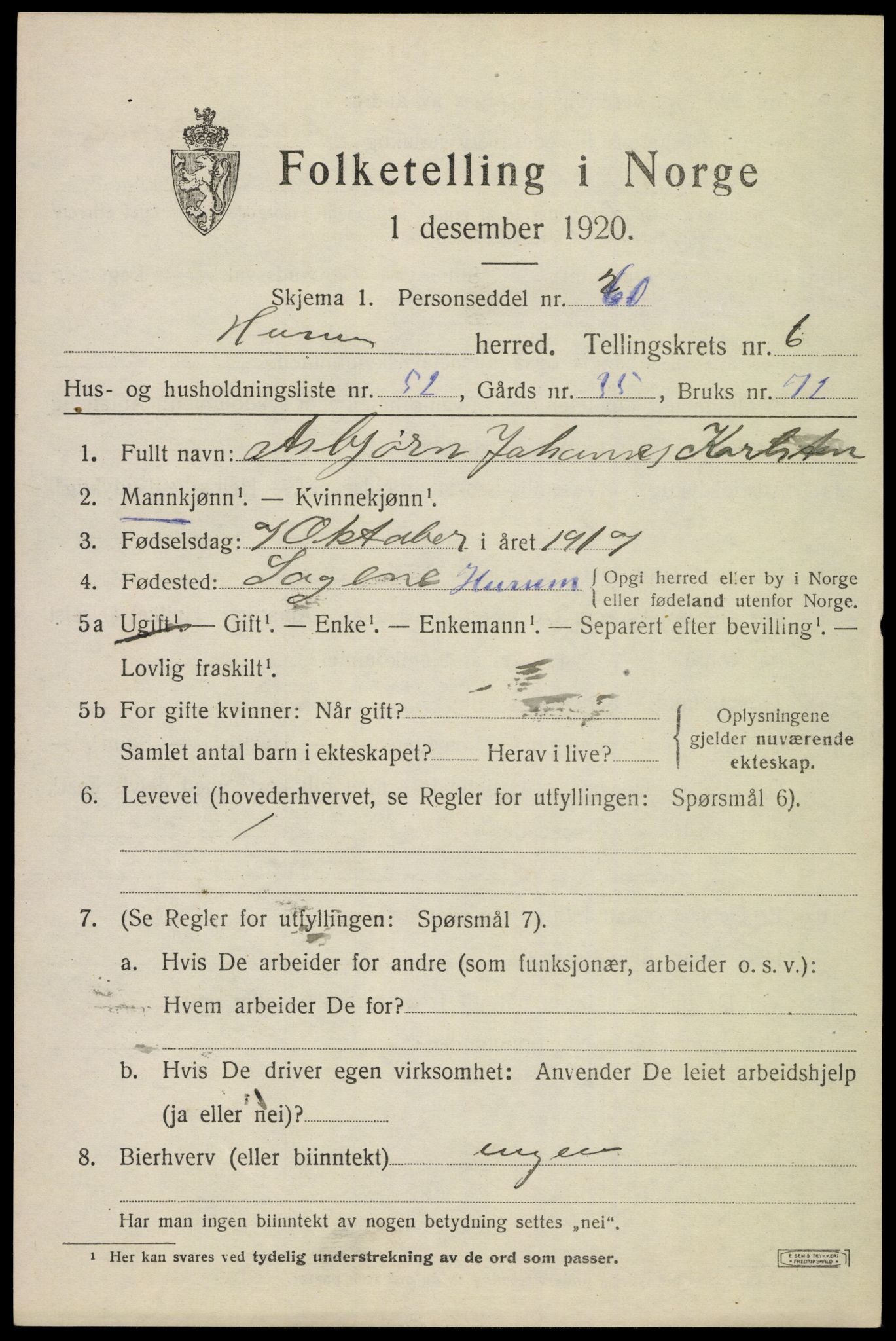 SAKO, 1920 census for Hurum, 1920, p. 8154