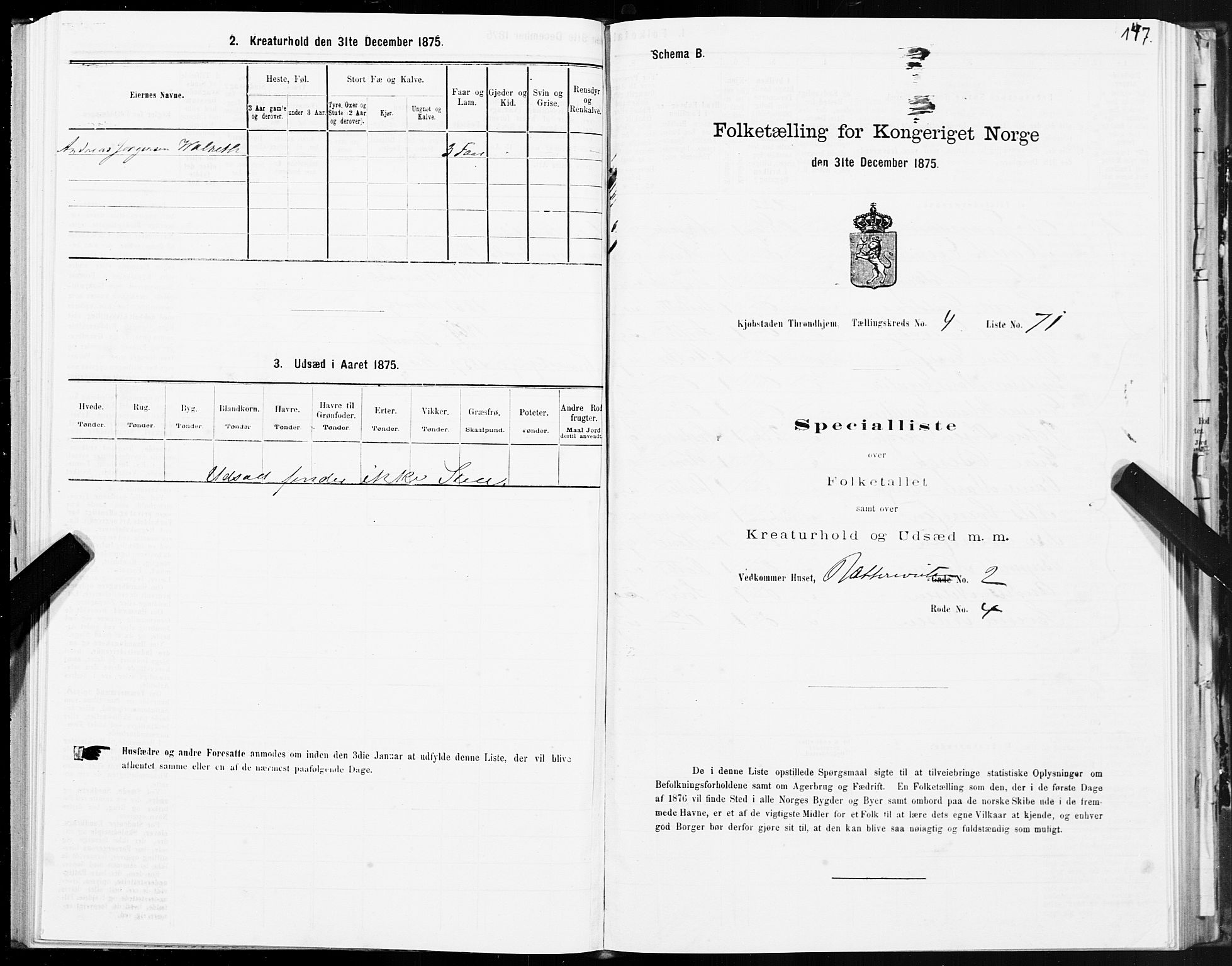 SAT, 1875 census for 1601 Trondheim, 1875, p. 3147