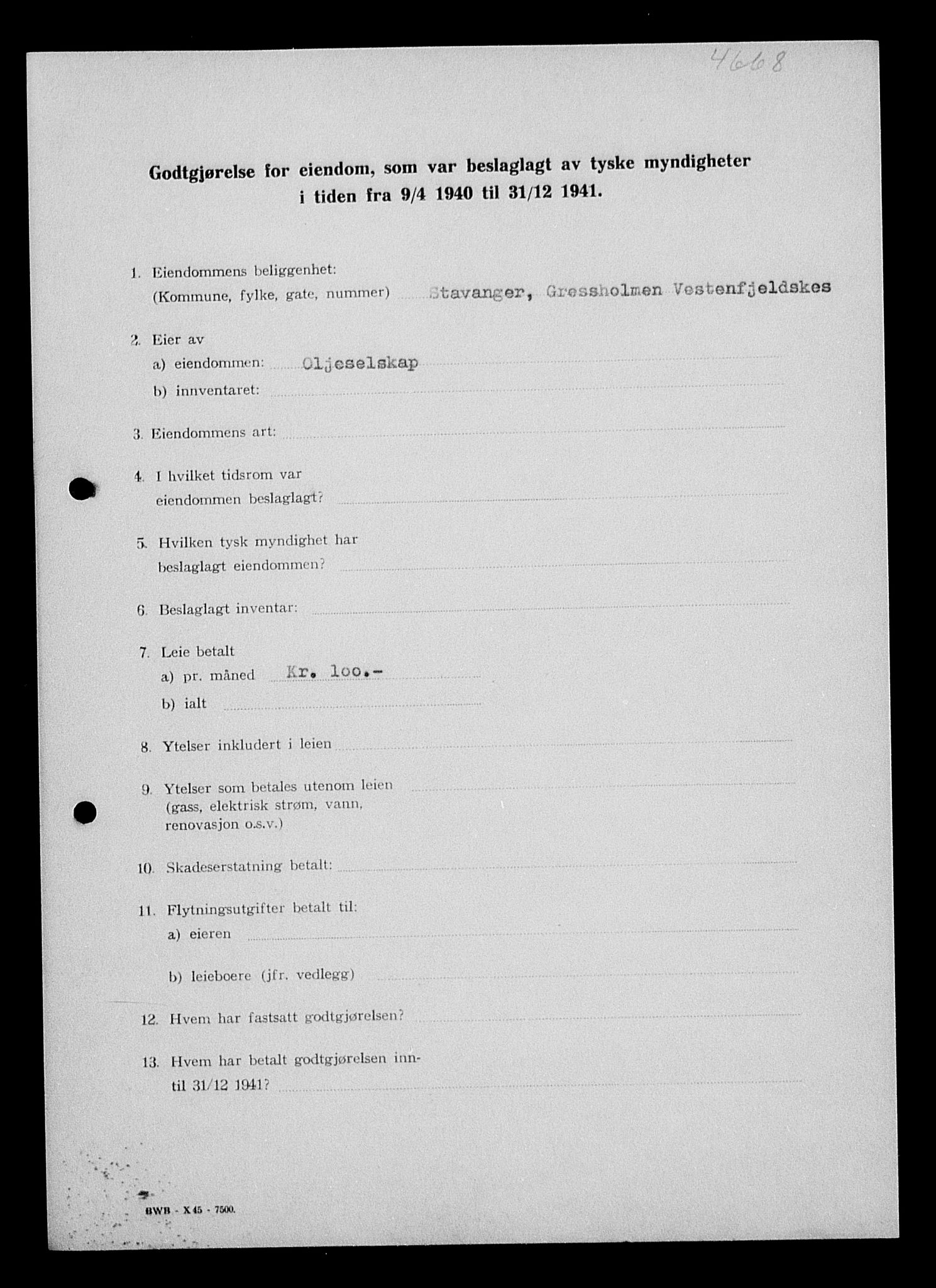 Justisdepartementet, Tilbakeføringskontoret for inndratte formuer, AV/RA-S-1564/I/L1014: Godtgjørelse for beslaglagt eiendom, 1940-1941, p. 102