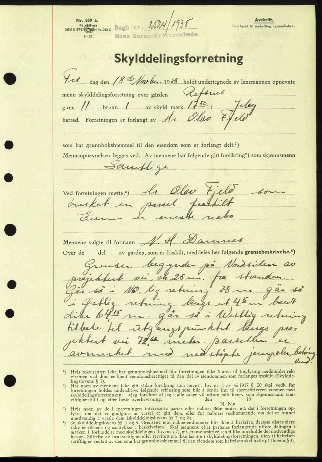 Moss sorenskriveri, SAO/A-10168: Mortgage book no. A5, 1938-1939, Diary no: : 2524/1938