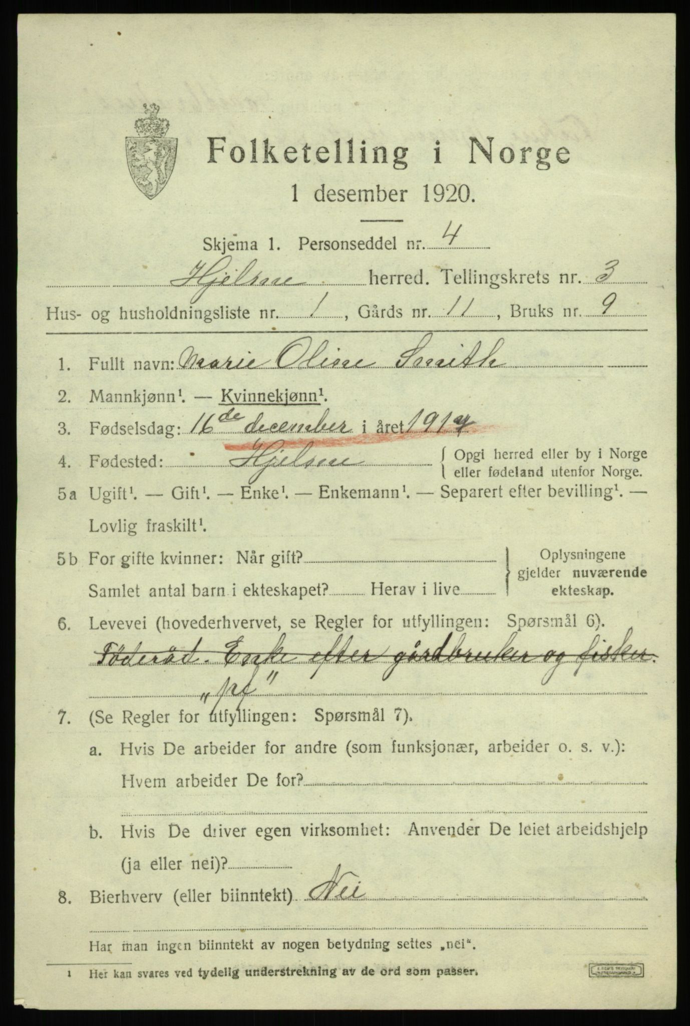 SAB, 1920 census for Hjelme, 1920, p. 1940