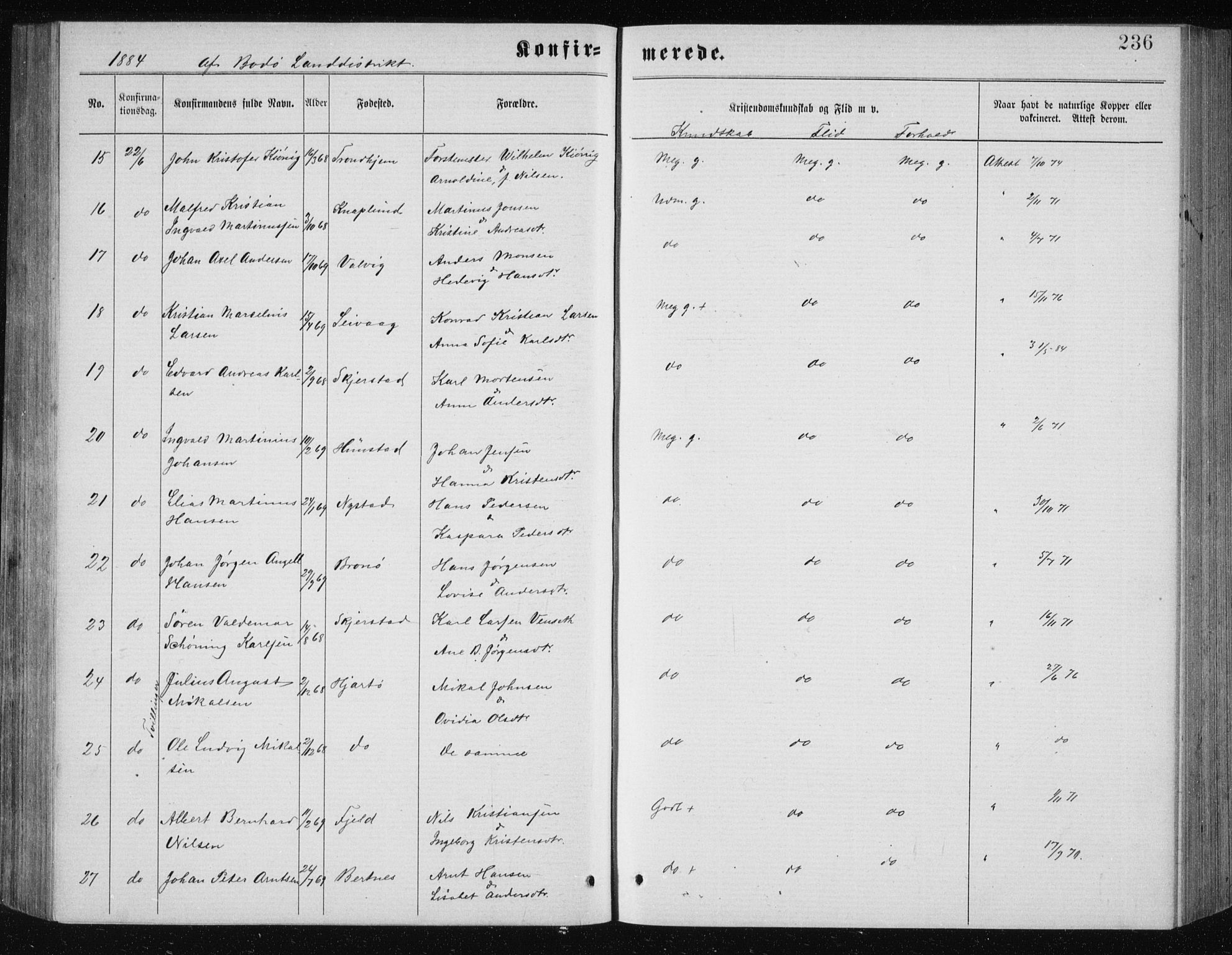 Ministerialprotokoller, klokkerbøker og fødselsregistre - Nordland, AV/SAT-A-1459/801/L0031: Parish register (copy) no. 801C06, 1883-1887, p. 236