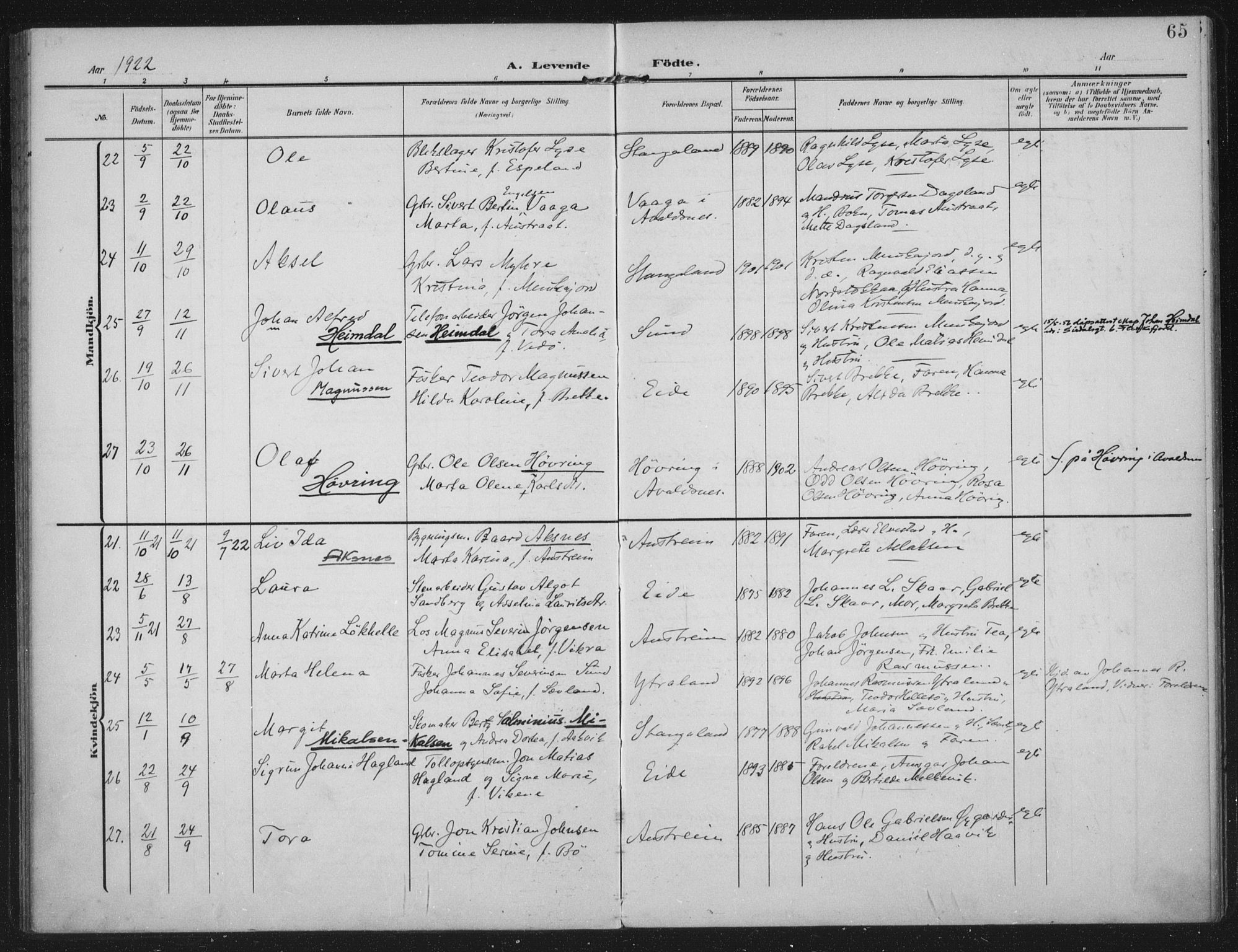 Kopervik sokneprestkontor, AV/SAST-A-101850/H/Ha/Haa/L0003: Parish register (official) no. A 3, 1906-1924, p. 65