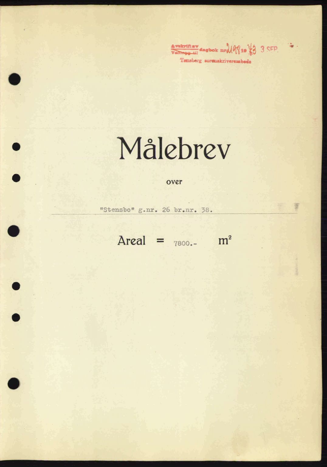 Tønsberg sorenskriveri, AV/SAKO-A-130/G/Ga/Gaa/L0013: Mortgage book no. A13, 1943-1943, Diary no: : 2198/1943