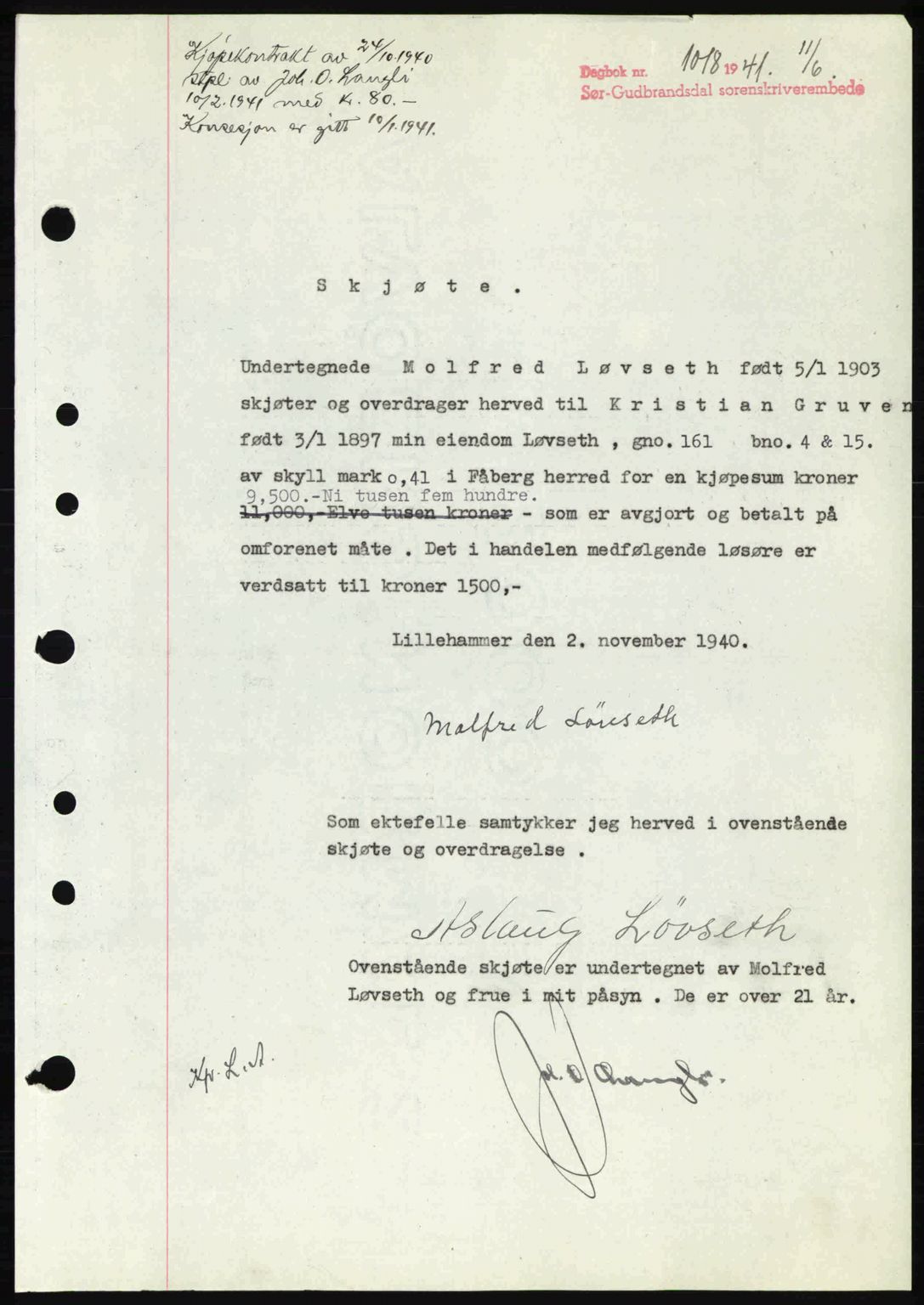 Sør-Gudbrandsdal tingrett, SAH/TING-004/H/Hb/Hbd/L0009: Mortgage book no. A9, 1941-1941, Diary no: : 1018/1941
