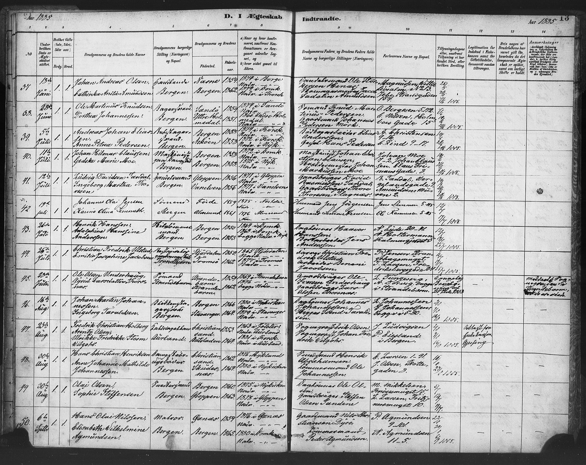 Nykirken Sokneprestembete, AV/SAB-A-77101/H/Haa/L0033: Parish register (official) no. D 3, 1884-1895, p. 13